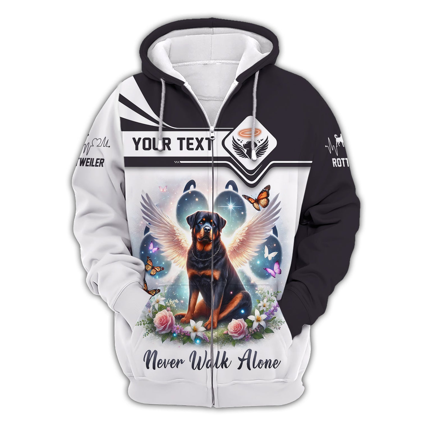 Blisscorners 3D Full Print Angel Wings Rottweiler Never Walk Alone T-Shirt  Personalized Name Gift For Dog Lovers