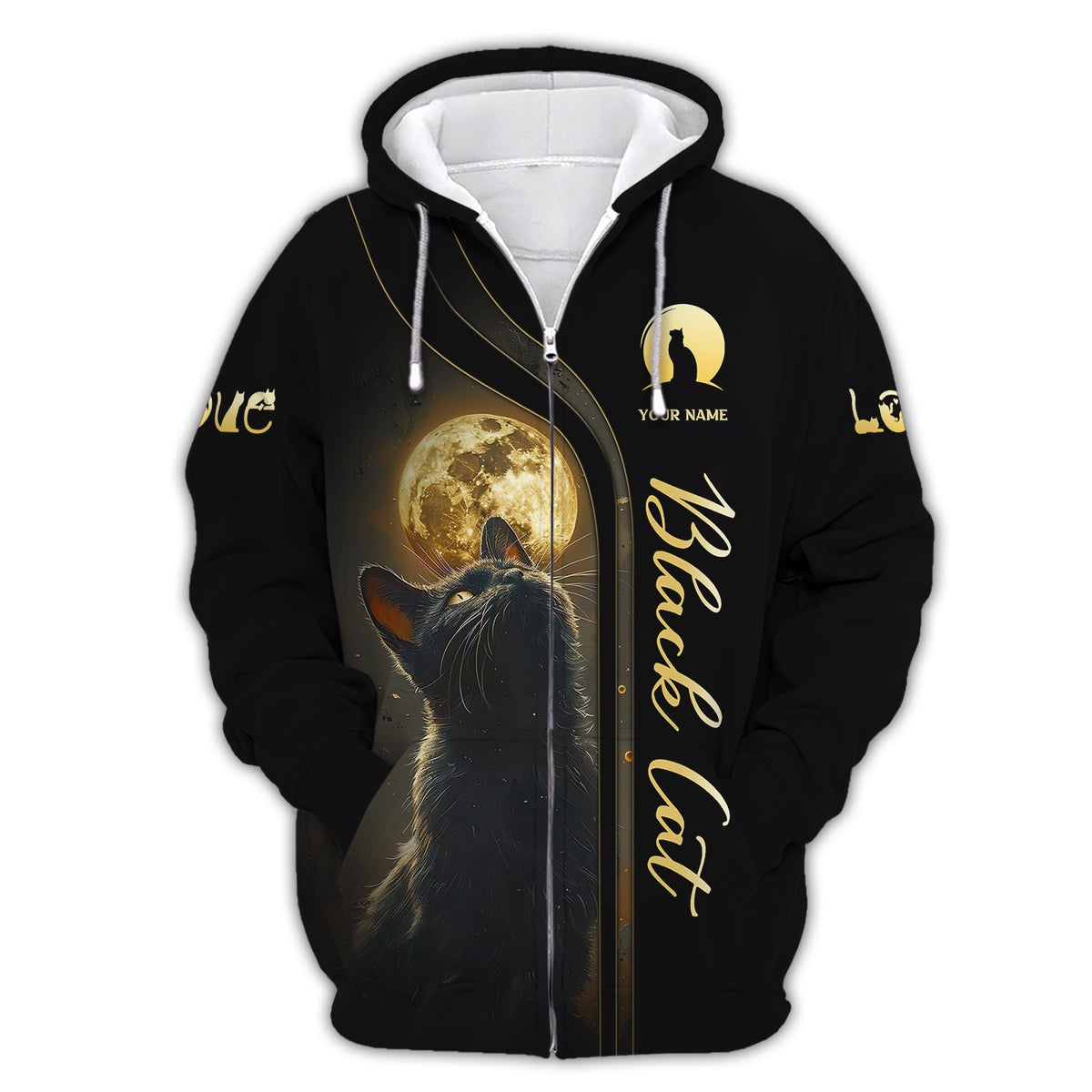 Blisscorners 3D Full Print Black Cat With Mysterious Moon T-Shirts Personalized Name Gift For Cat Lovers