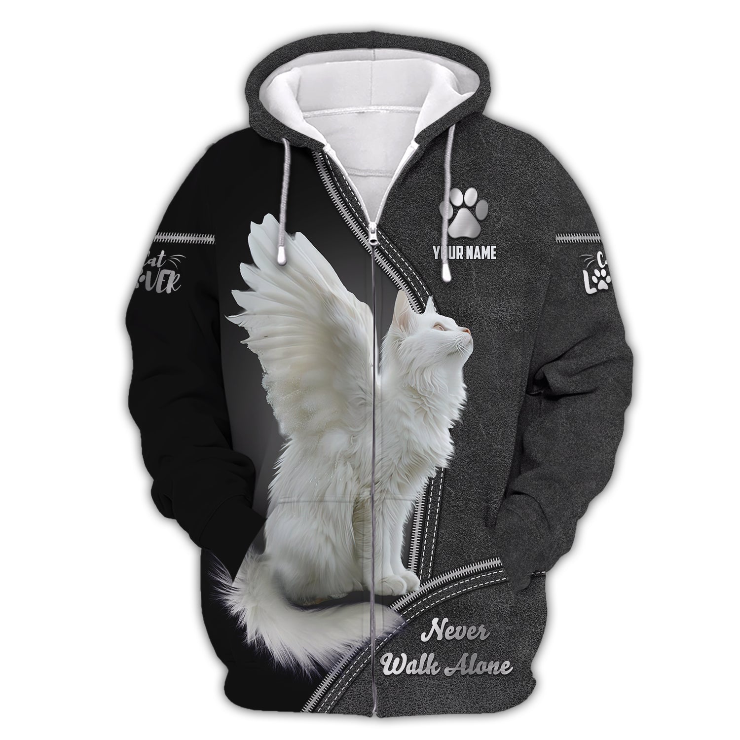 Blisscorners White Cat Custom Name Shirt Never Walk Alone Gift For Cat Lover 3D Shirts