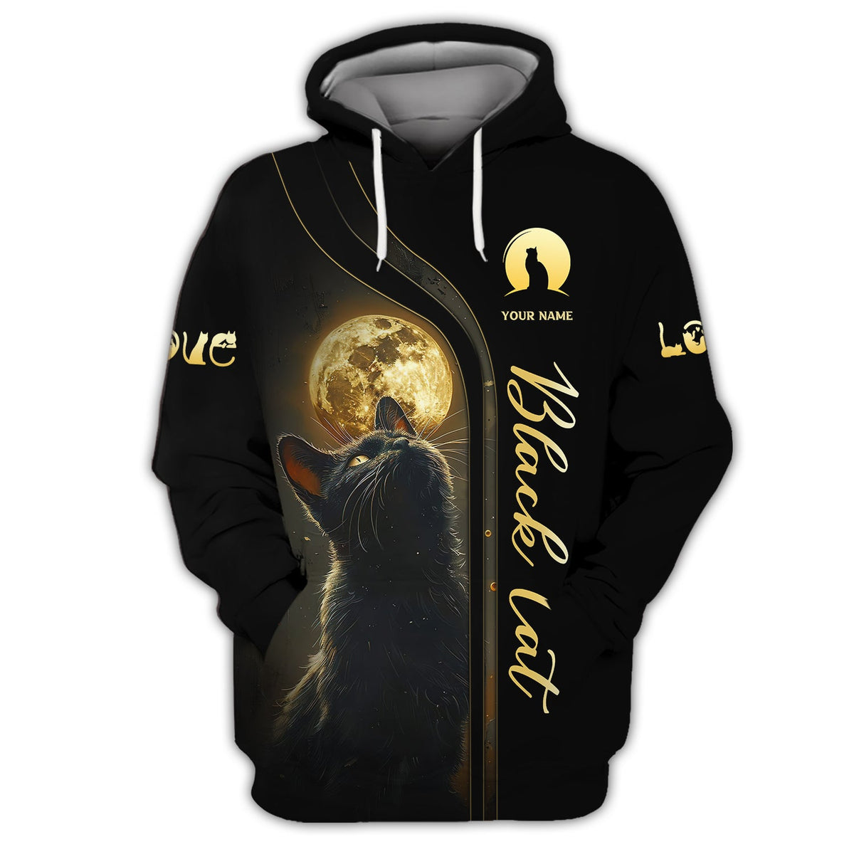 Blisscorners 3D Full Print Black Cat With Mysterious Moon T-Shirts Personalized Name Gift For Cat Lovers