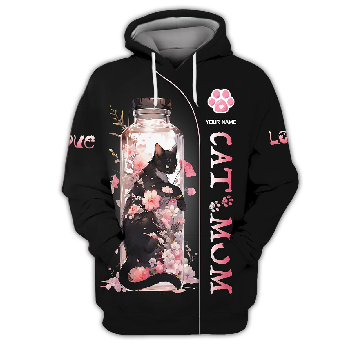 Blisscorners Black Cat In Cherry Blossom Jar Custom Name Cat Mom 3D Zipper Hoodie Gift For Cat Lovers