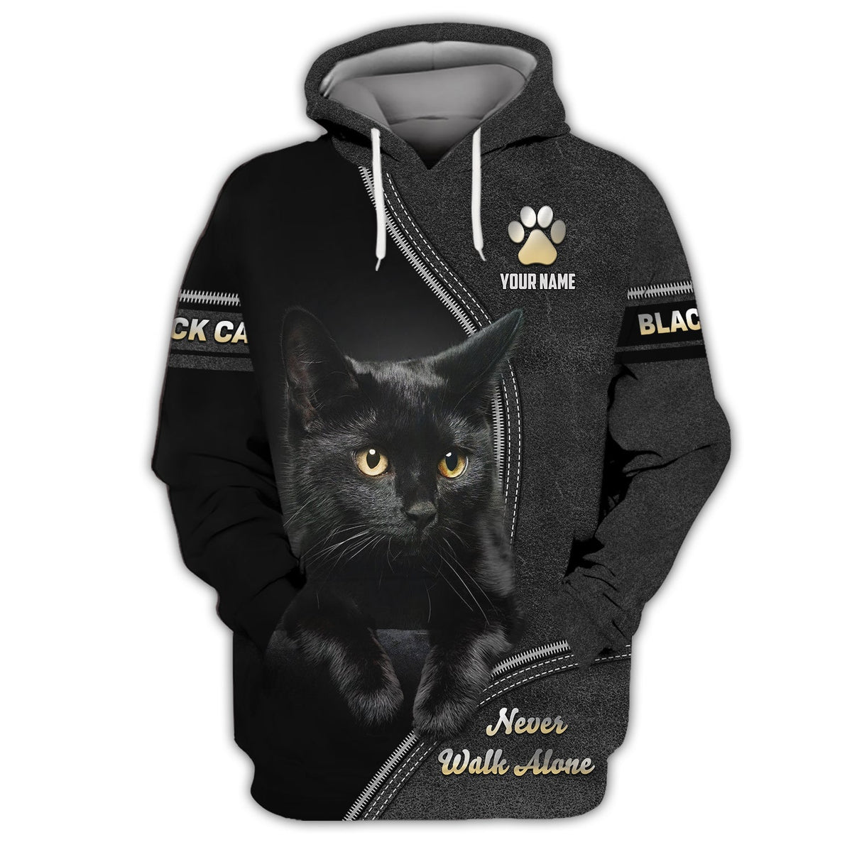 Blisscorners Custom Black Cat T-Shirt Never Walk Alone  Personalized Name Gift For Cat Lovers