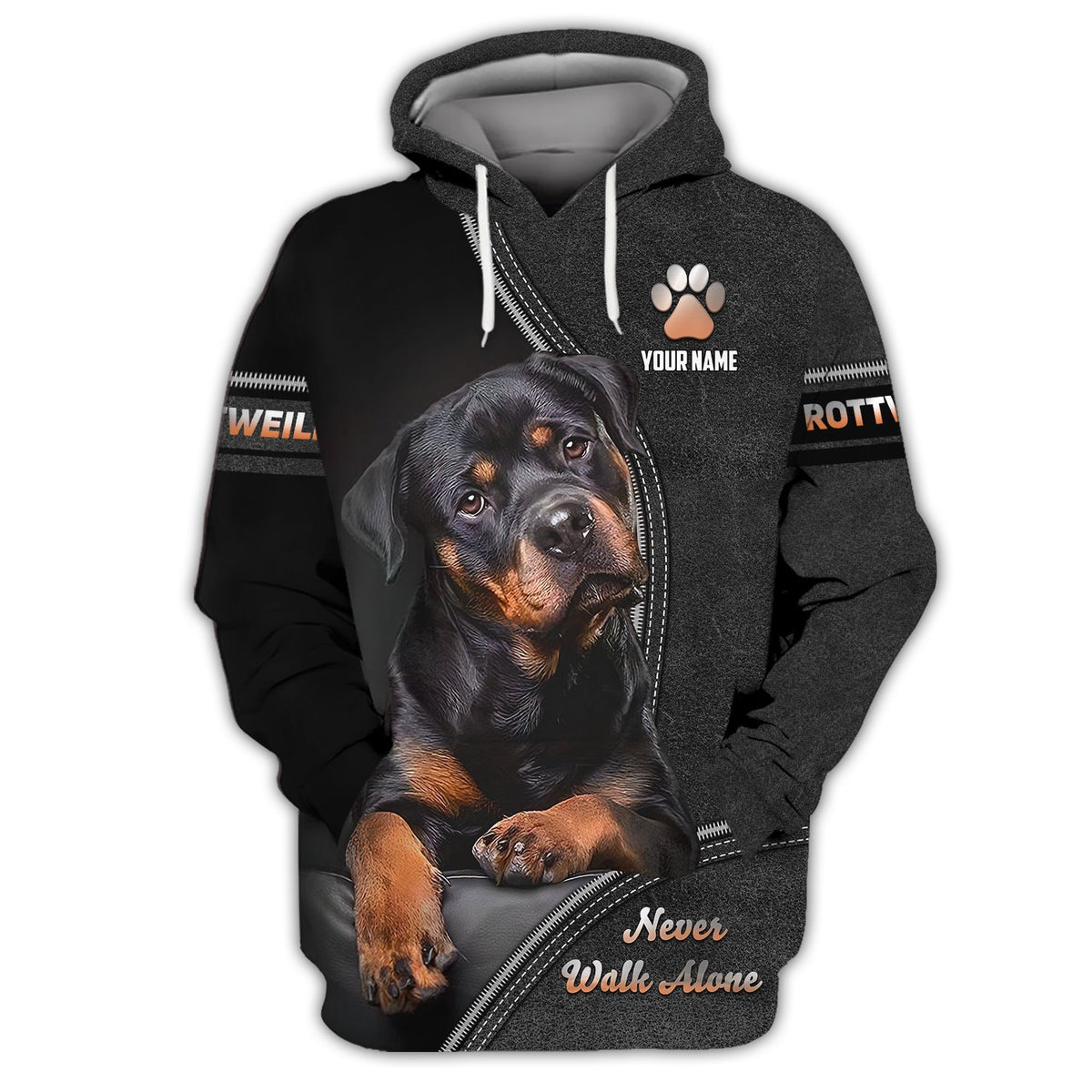 Blisscorners Rottweiler Custom Name Zipper Hoodie Never Walk Alone Gift For Dog Lover 3D Shirts