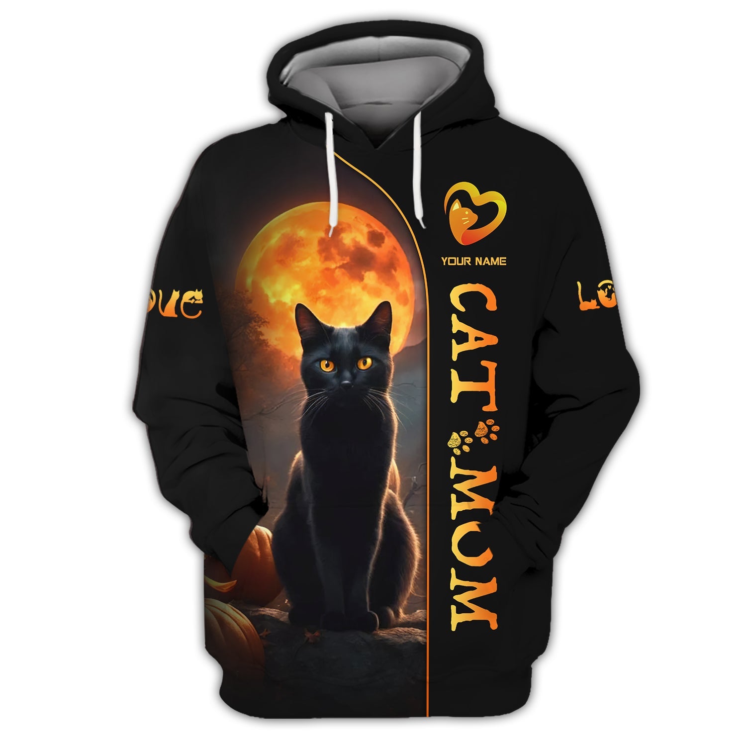 Blisscorners Black Cat With Moon Custom Name Cat Mom 3D Zipper Hoodie Gift For Cat Lovers