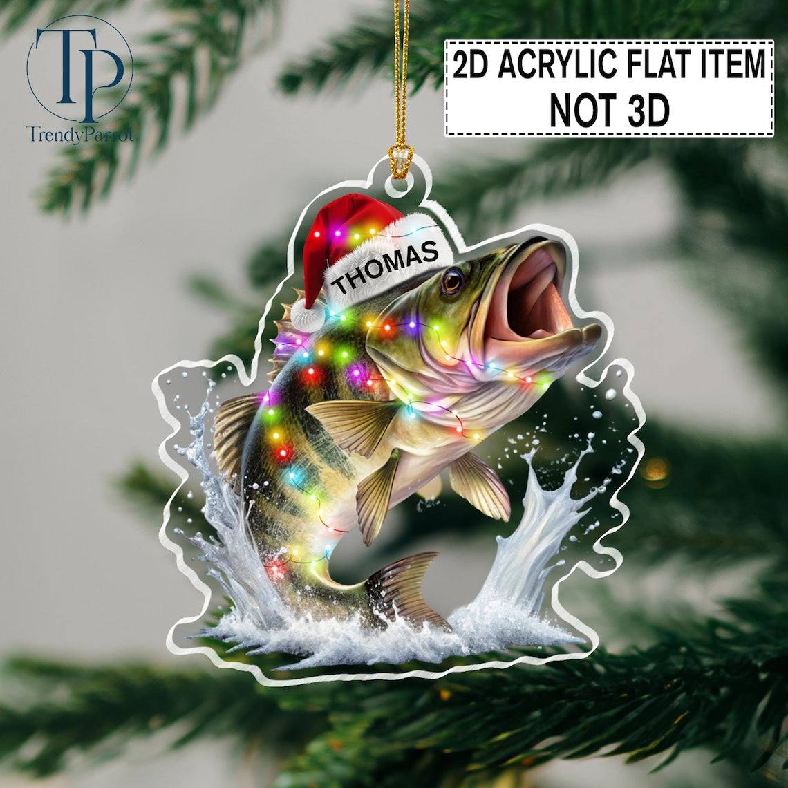 Blisscorners Bass Fish Ornament, Bass Fish with Santa Hat Christmas Tree Ornament, Fishing Fisherman Ornament, Custom Ornaments for Him, Fishing Gift