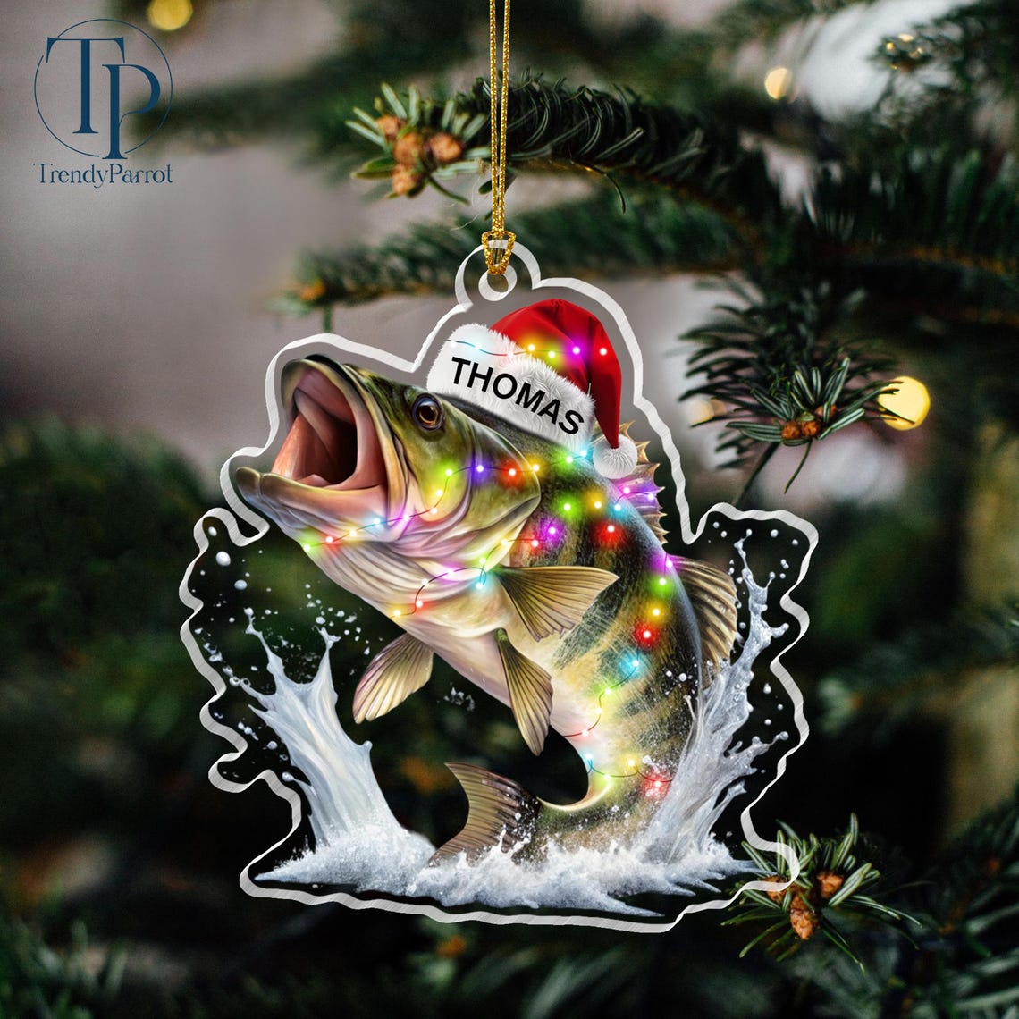 Blisscorners Bass Fish Ornament, Bass Fish with Santa Hat Christmas Tree Ornament, Fishing Fisherman Ornament, Custom Ornaments for Him, Fishing Gift