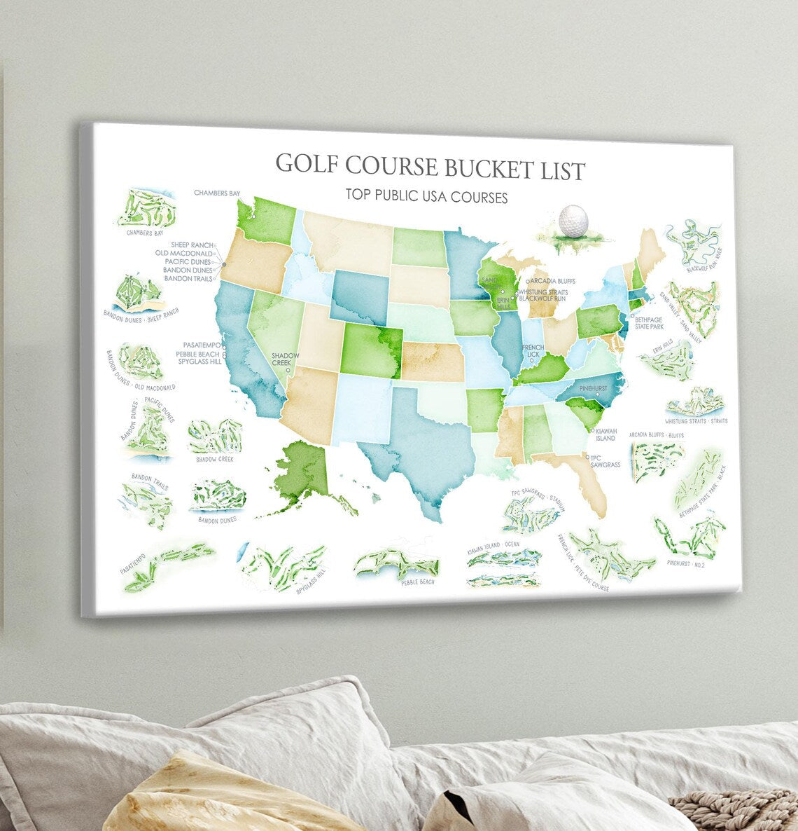 Blisscorners Golf Courses Bucket List Canvas, Golf Wall Art, Gift For Golfers LM2611