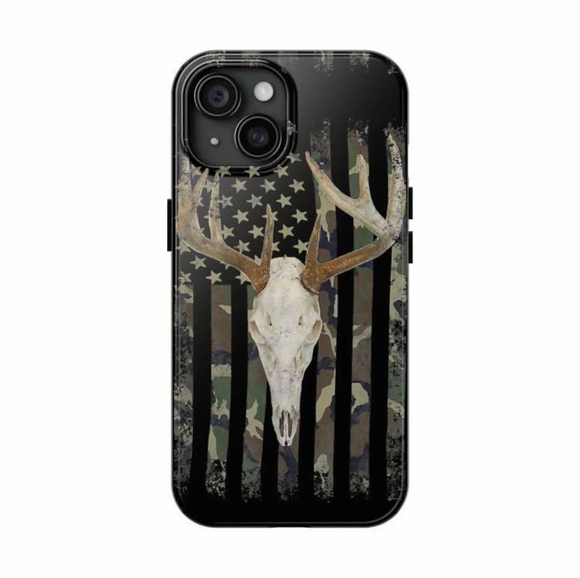 Blisscorners Deer Antler American Flag Phone Case for iPhone – Rustic Camo Style Cover – Cool Gift for Him, Outdoor, Hunting, or Streetwear Fans 1 Full Wrap Phone Case LM0812
