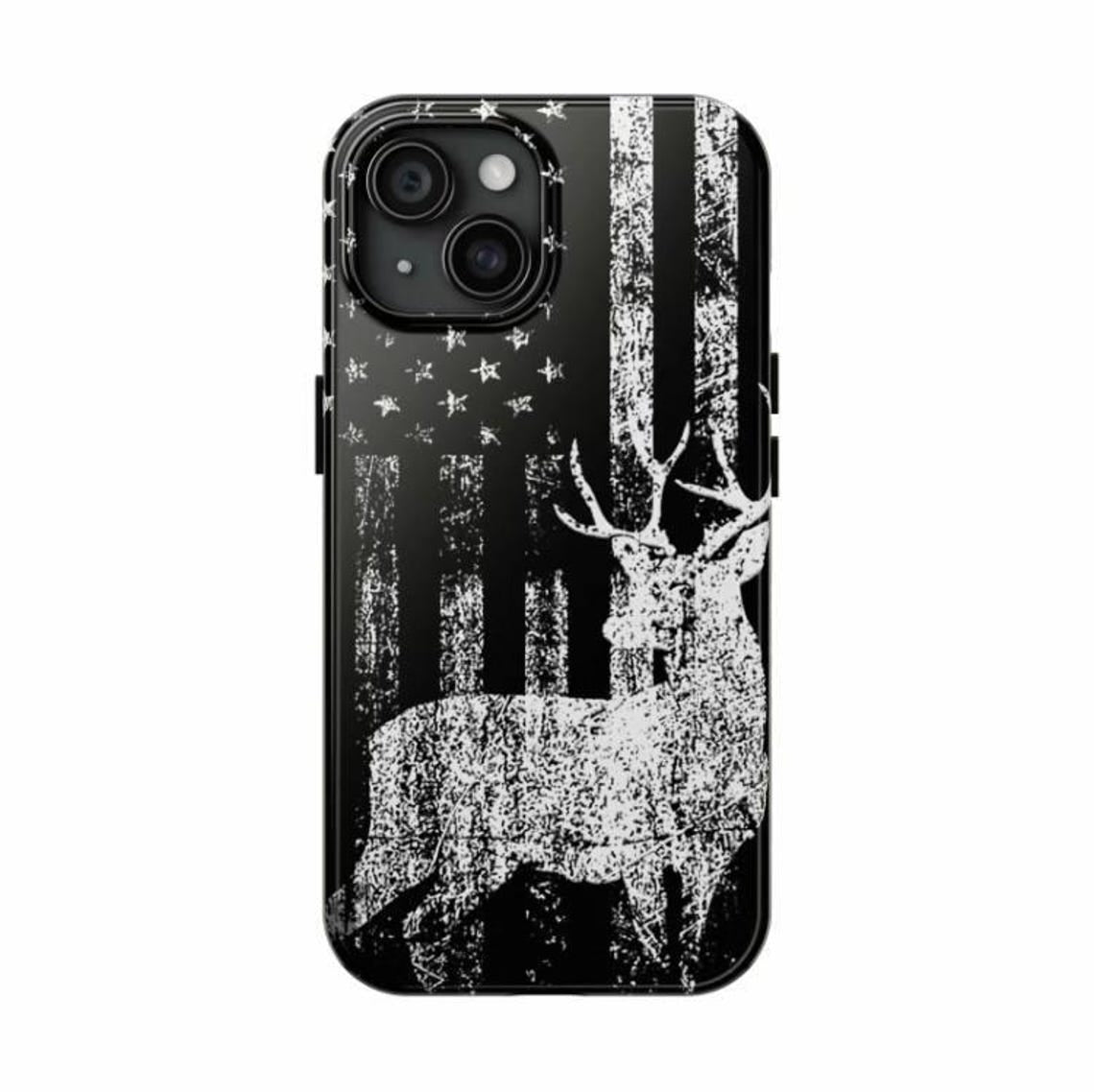 Blisscorners Deer Antler American Flag Phone Case for iPhone – Rustic Camo Style Cover – Cool Gift for Him, Outdoor, Hunting, or Streetwear Fans 3 Full Wrap Phone Case LM0812