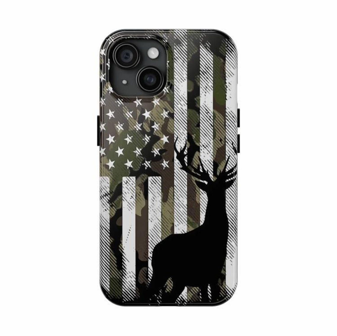 Blisscorners Deer Antler American Flag Phone Case for iPhone – Rustic Camo Style Cover – Cool Gift for Him, Outdoor, Hunting, or Streetwear Fans 5 Full Wrap Phone Case LM0812