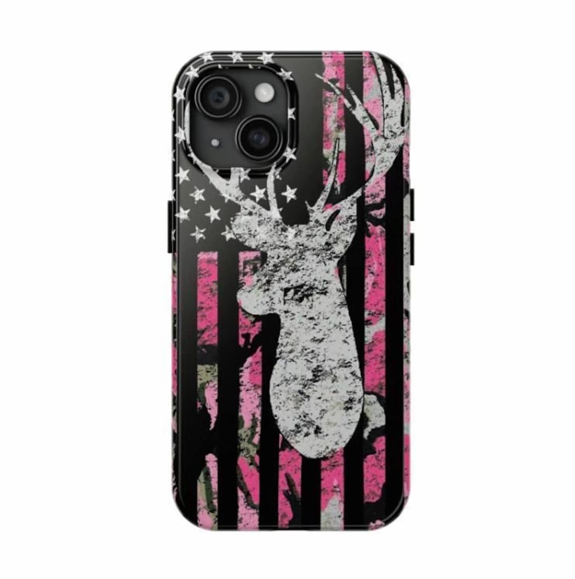 Blisscorners Deer Antler American Flag Phone Case for iPhone – Rustic Camo Style Cover – Cool Gift for Him, Outdoor, Hunting, or Streetwear Fans 2 Full Wrap Phone Case LM0812