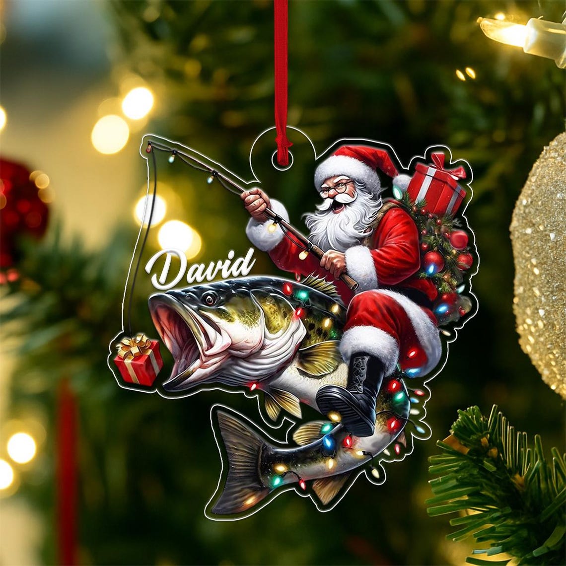 Blisscorners Custom Name Santa Fishing Acrylic Ornament – Custom Name Christmas Tree Decoration, Gift for Fishingman