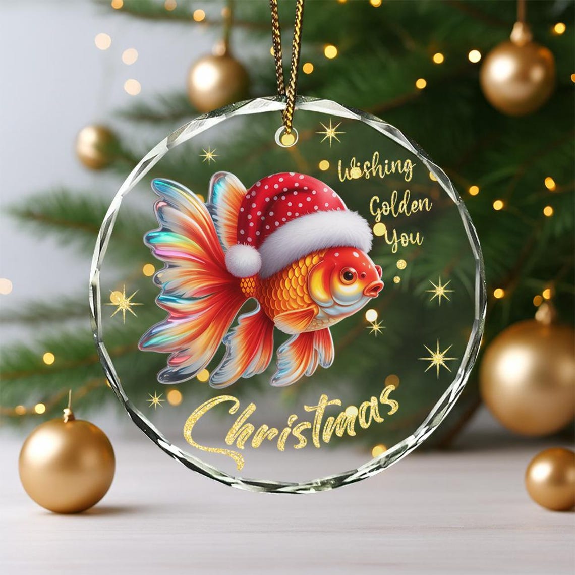 Blisscorners Goldfish Glass Ornament Christmas 2025, Cute Fish in Santa Hat, Unique Holiday Acrylic Decoration, Lucky Charm Gift for Tree Lovers