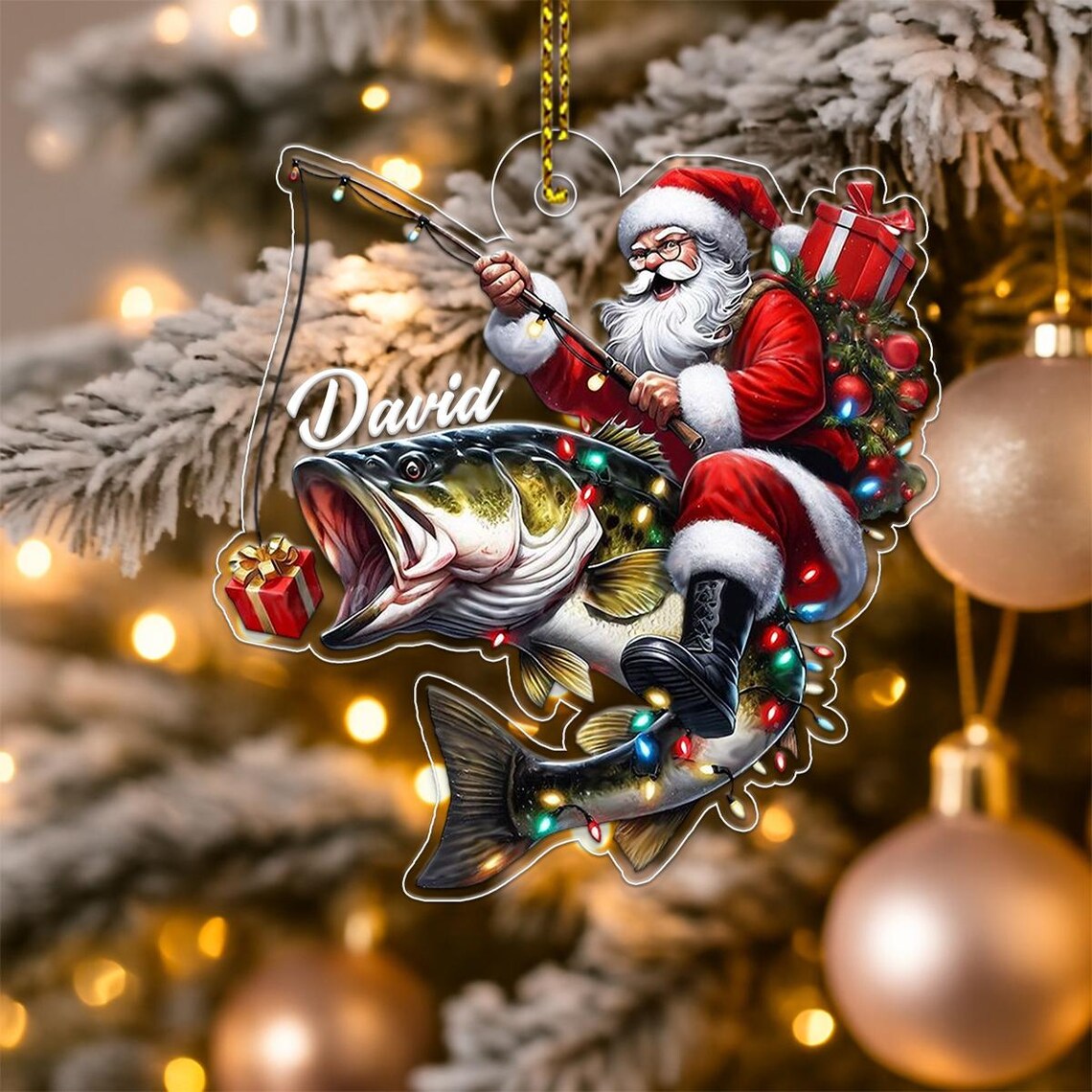 Blisscorners Custom Name Santa Fishing Acrylic Ornament – Custom Name Christmas Tree Decoration, Gift for Fishingman