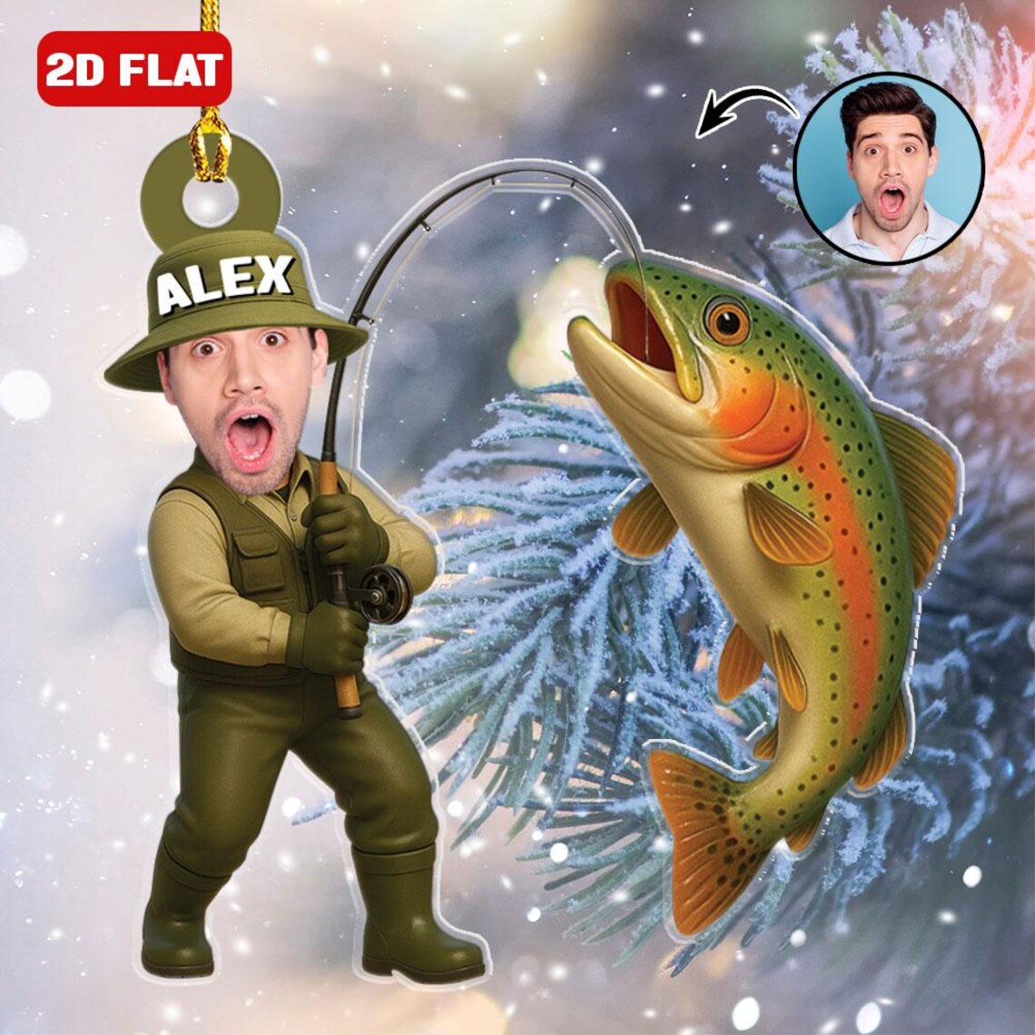 Blisscorners Custom Fishing Photo Ornament Personalized Fishing Picture Ornament For Dads Fly Fisherman Angler Bass Trout Fish Ornament Reel Cool Grandpa