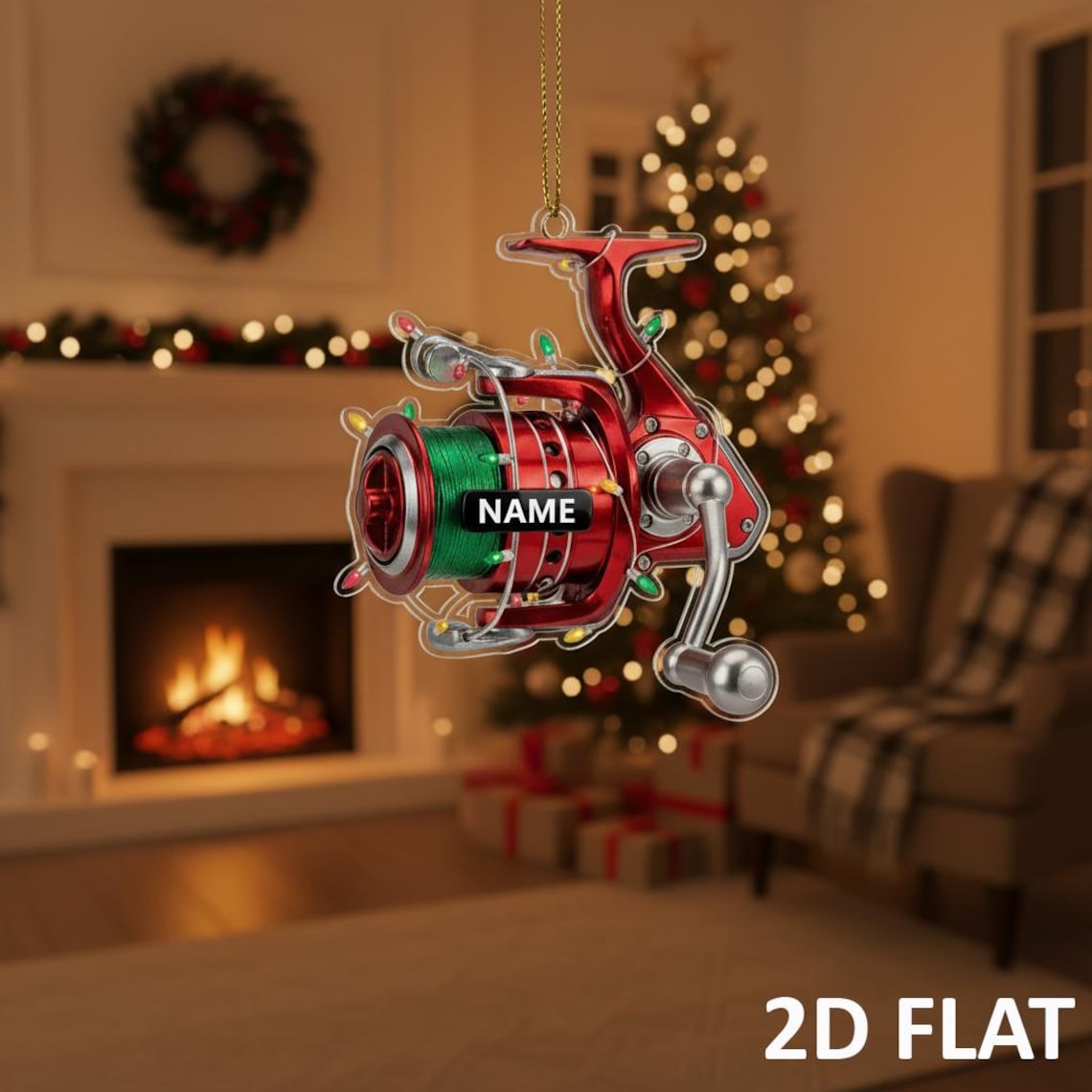 Blisscorners Personalized Fishing Reel 2D FLAT Ornament, Custom Fisherman Christmas Decor, Fishing Lover Xmas Tree Gift, Angler Holiday Ornament