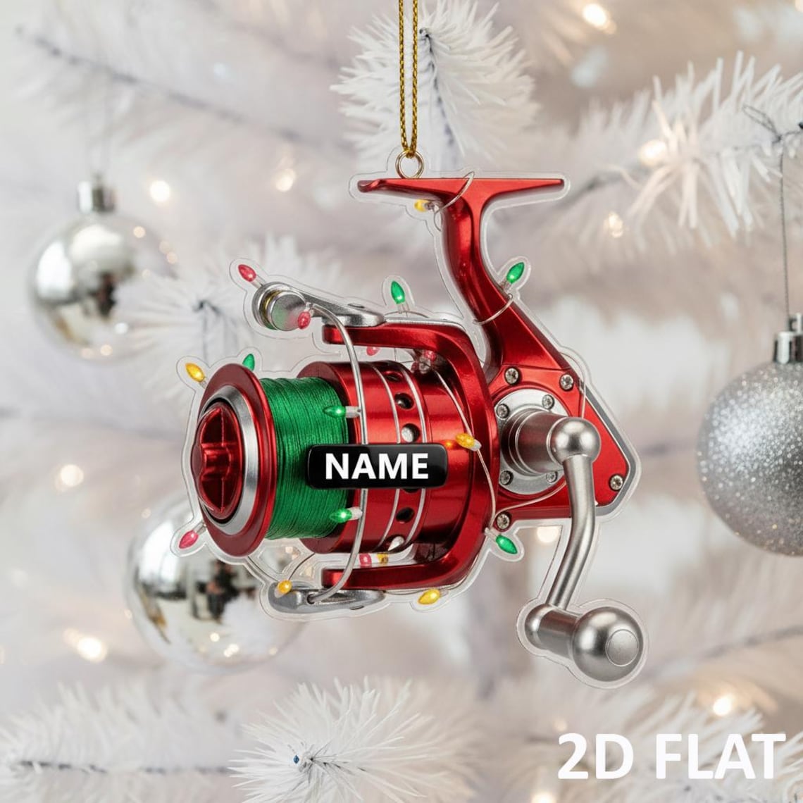 Blisscorners Personalized Fishing Reel 2D FLAT Ornament, Custom Fisherman Christmas Decor, Fishing Lover Xmas Tree Gift, Angler Holiday Ornament