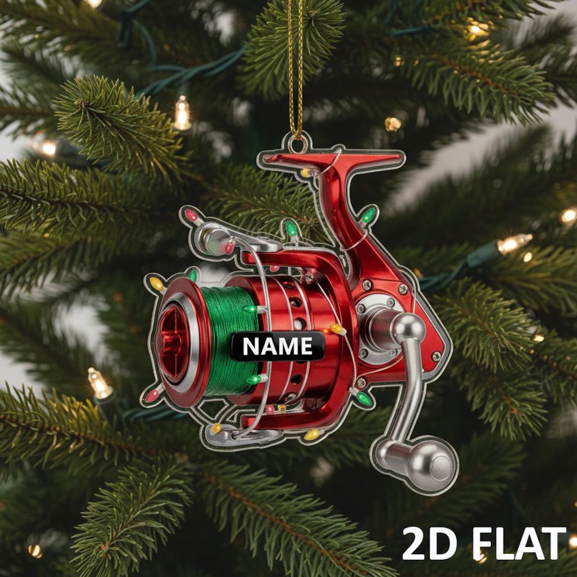 Blisscorners Personalized Fishing Reel 2D FLAT Ornament, Custom Fisherman Christmas Decor, Fishing Lover Xmas Tree Gift, Angler Holiday Ornament