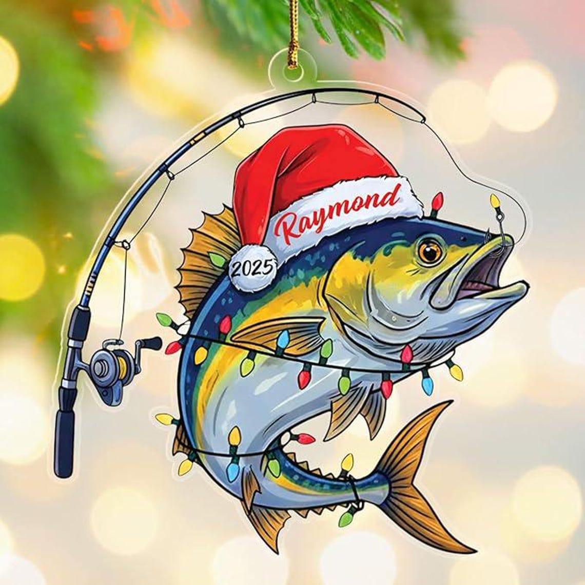 Blisscorners Personalized Fishing Ornament, Custom Name and Year Fish Shaped Xmas Tree Decor, Unique Christmas Gift for Family or Fishing Lovers