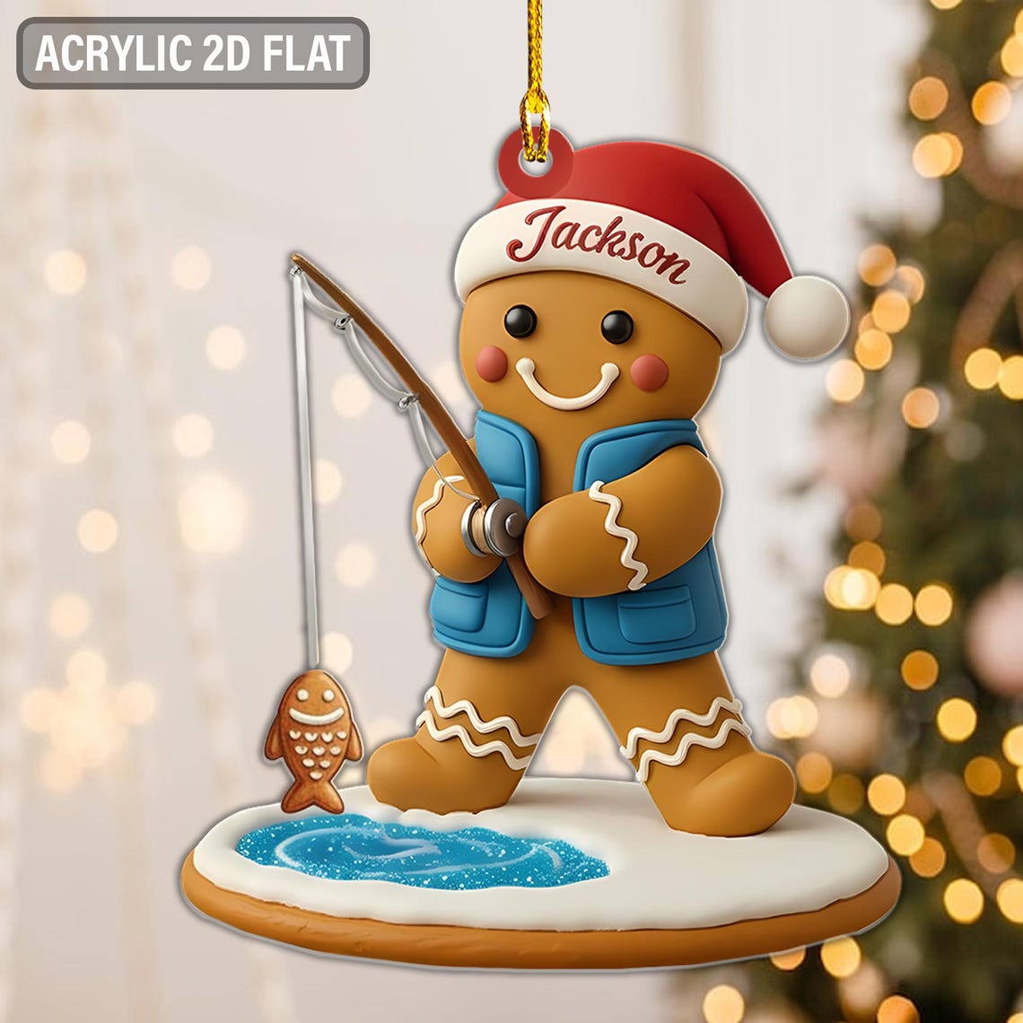 Blisscorners Personalized 2D Gingerbread Fishing Ornament, Fishing Christmas Ornament, First Catch Keepsake, Fisherman Acrylic Ornament, Fisherman Gifts