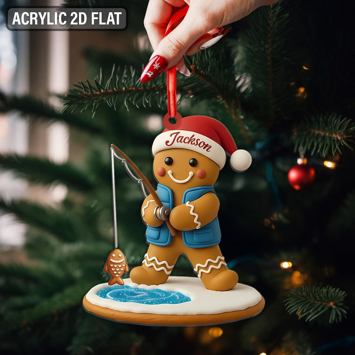 Blisscorners Personalized 2D Gingerbread Fishing Ornament, Fishing Christmas Ornament, First Catch Keepsake, Fisherman Acrylic Ornament, Fisherman Gifts