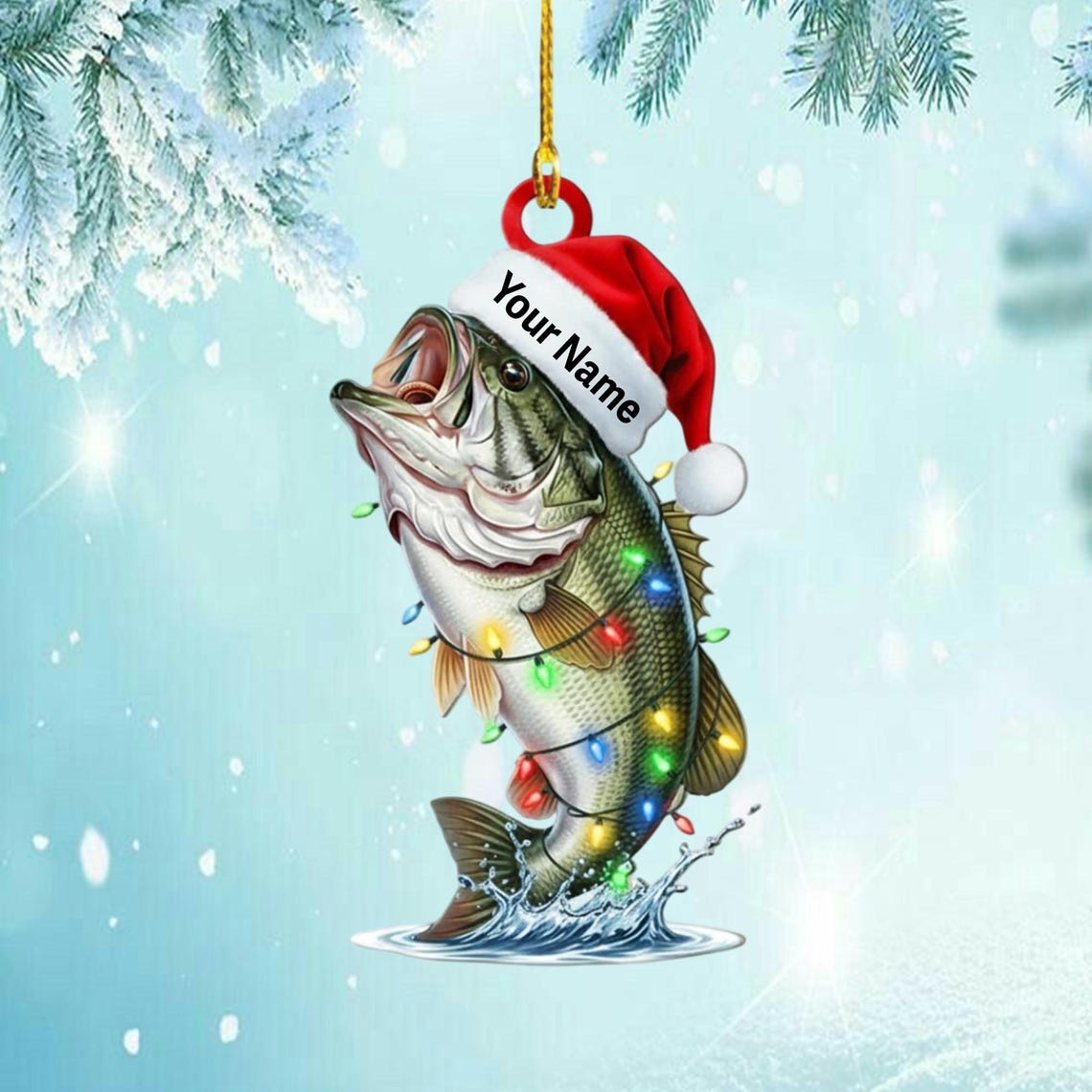 Blisscorners Personalized Bass Fish Christmas Ornament, Custom Name Fishing Gift for Dad/Him, Santa Hat Largemouth Bass Tree Decor
