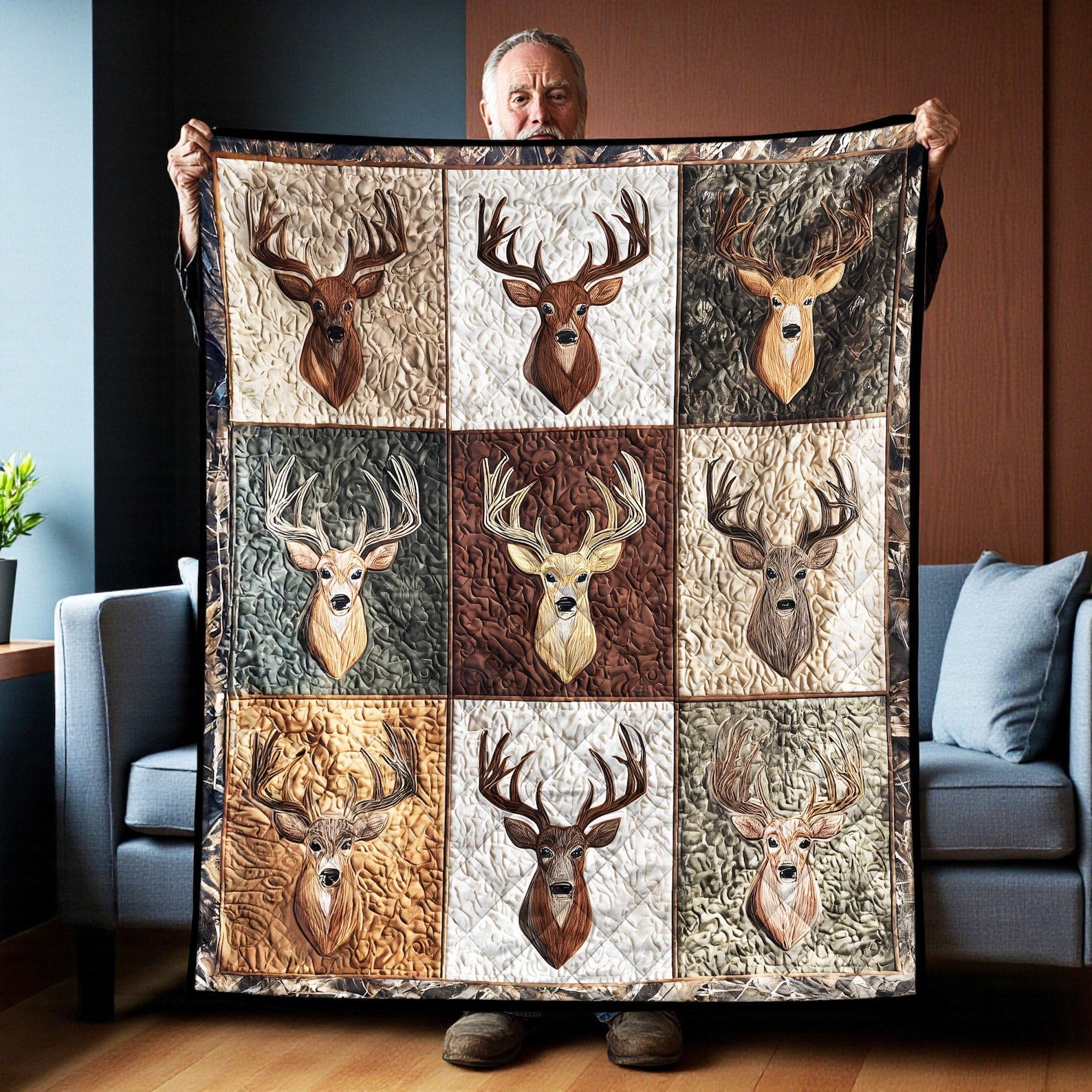 Blisscorners Custom Deer Hunting Quilt Blanket, Deer Lover Gift, Natural Themed Home Decor, Cozy Farmhouse Quilt for Hunter, Woodland Vintage Gift
 LM1611