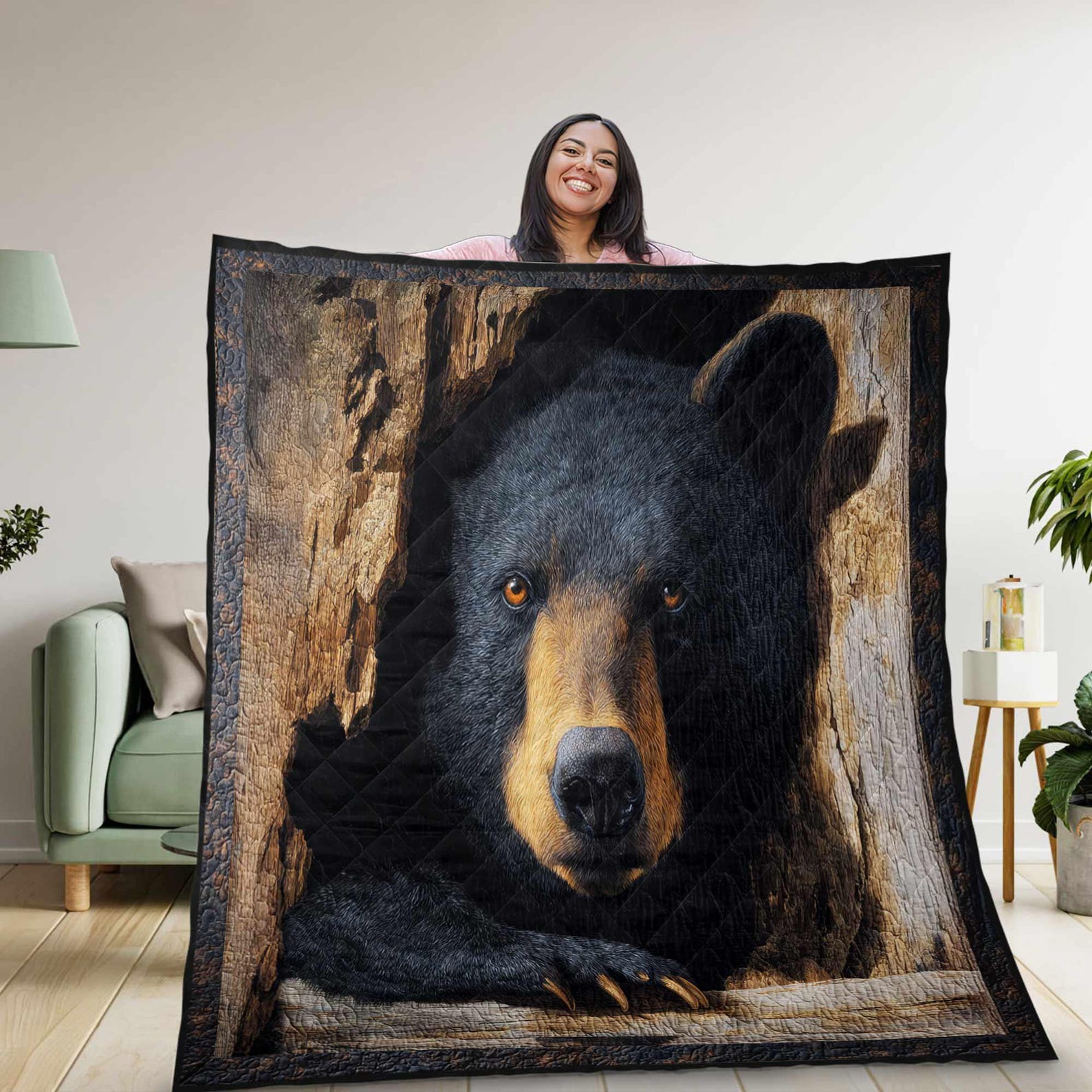 Blisscorners Black Bear Quilted Blanket, Realistic Wildlife Forest Bedding, Rustic Cabin Throw Quilt, Cozy Hunting Lodge Gift for Nature Lovers
 LM1611
