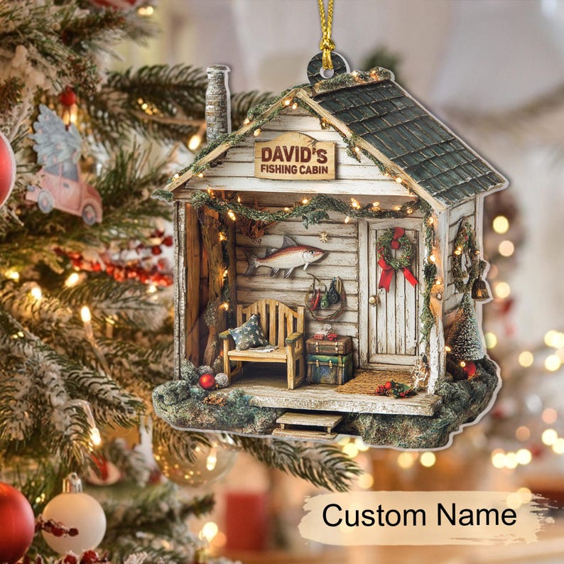 Blisscorners Personalized Dreamy Fishing Cabin 2D Flat Acrylic Ornament, Fishing Ornament, Gift for Fish Lover, Fishing Lover Xmas Ornament Gift 2D Flat