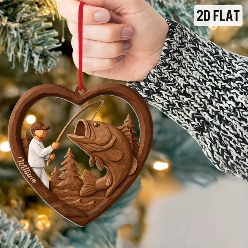 Blisscorners Custom Faux Wood 2D Flat Christmas Fisherman Acrylic Ornament – Faux 3D Fishing Lover Acrylic Ornament, Xmas Fisherman Keepsake 2D Flat