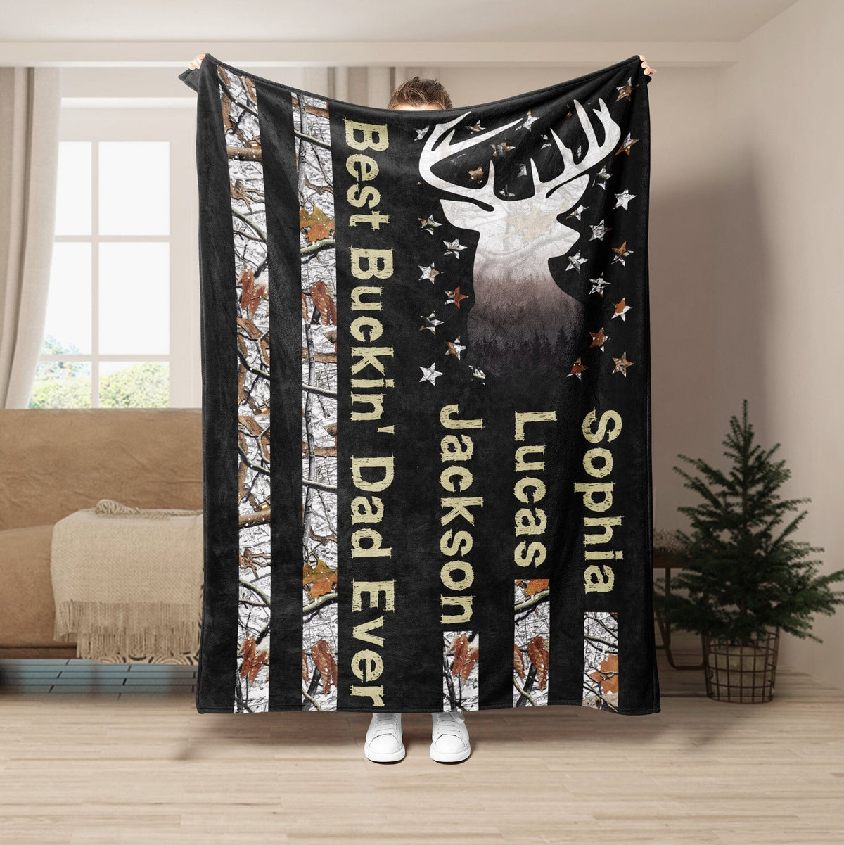 Blisscorners Personalized Hunting Dad Blanket, Best Buckin' Dad Ever Blanket, Custom Soft Sherpa Fleece Throw Blankets, Gift for Dad, Father's Day Gift LM1711
