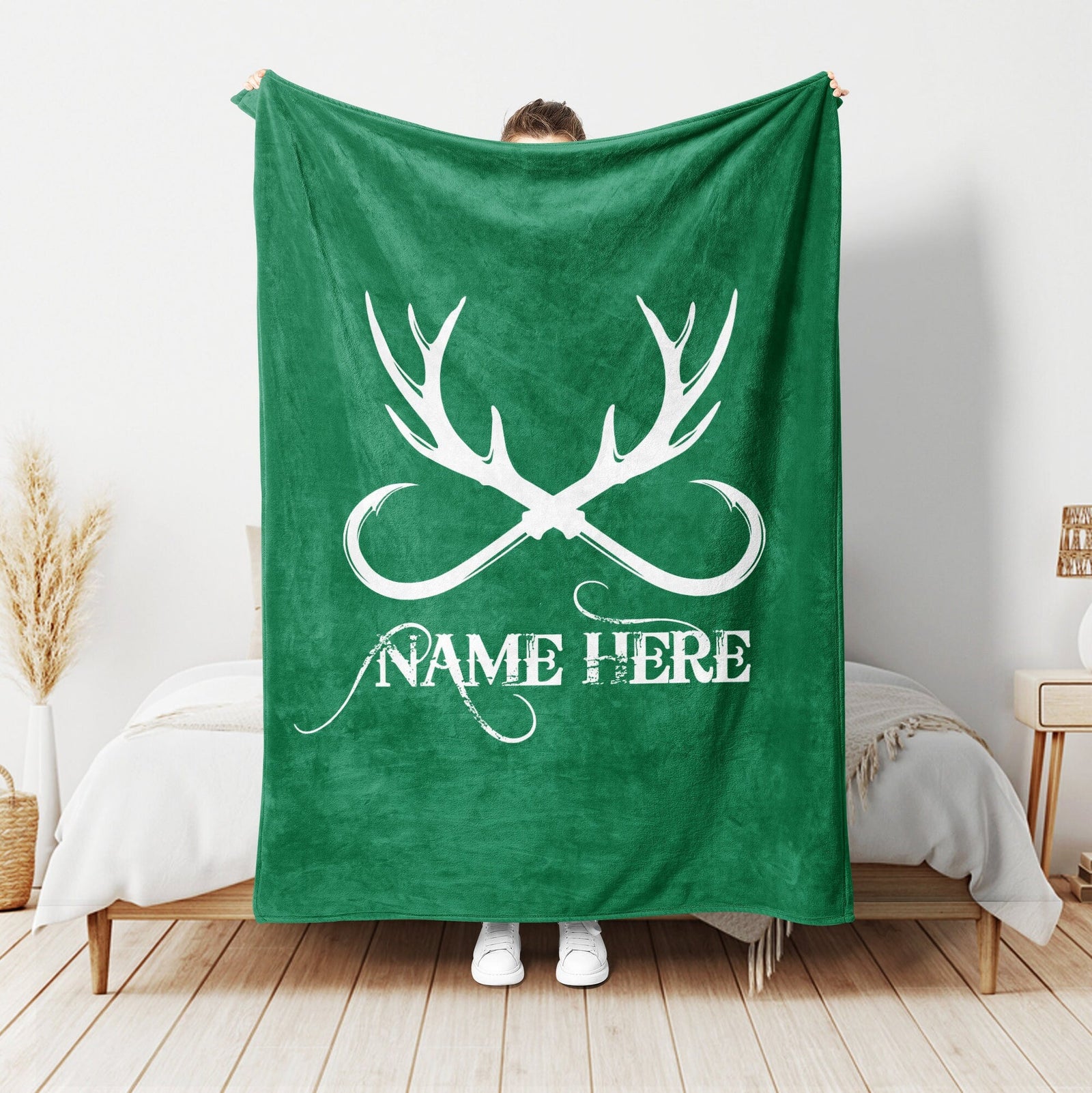 Blisscorners Personalized Deer Hunting Blanket, Fishing Blanket, Custom Name Soft Cozy Sherpa Fleece Throw Blankets, Gift For Grandpa, Dad, Husband, Son | Green

 LM1711