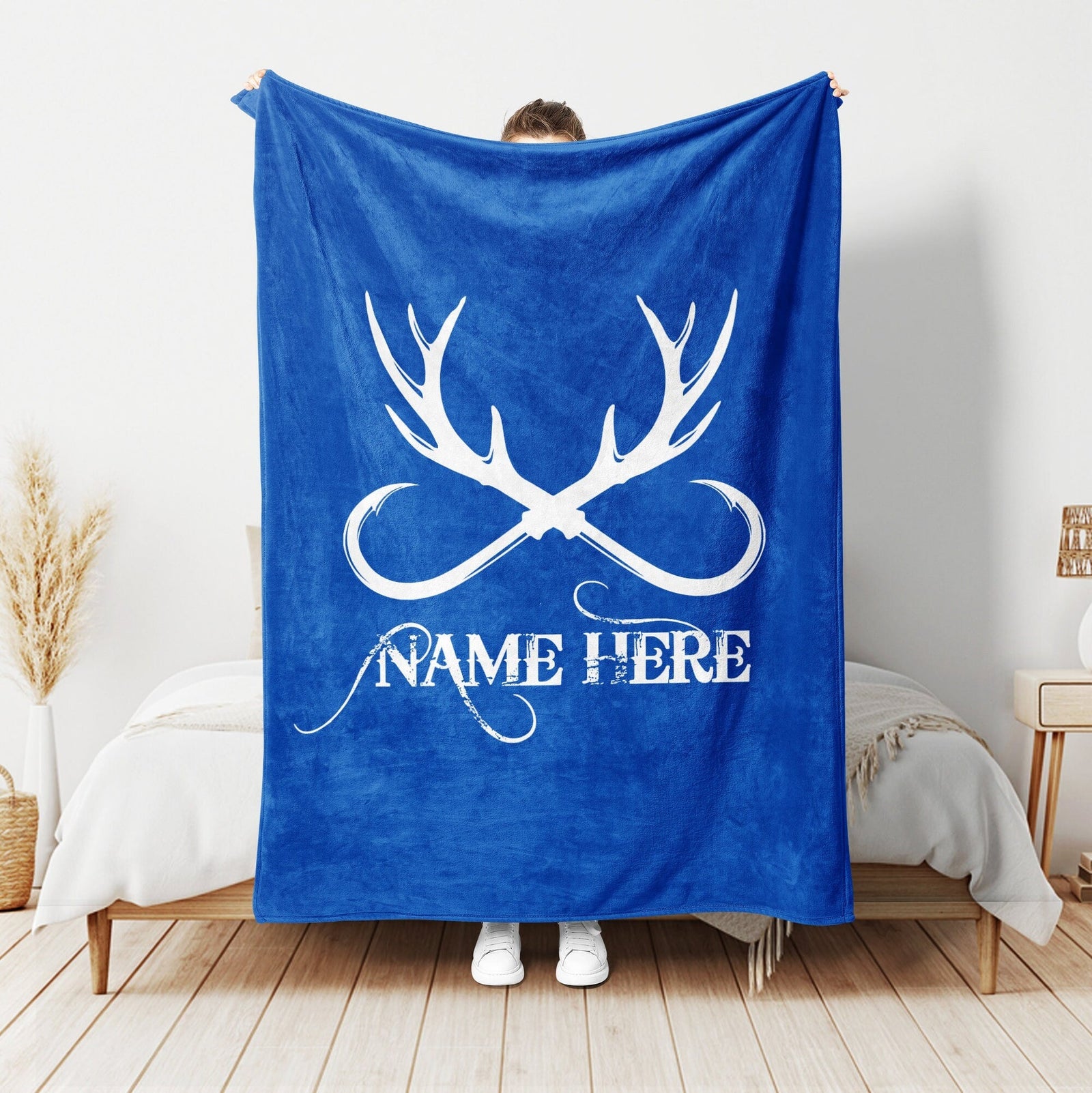 Blisscorners Personalized Deer Hunting Blanket, Fishing Blanket, Custom Name Soft Cozy Sherpa Fleece Throw Blankets, Gift For Grandpa, Dad, Husband, Son | Blue

 LM1711