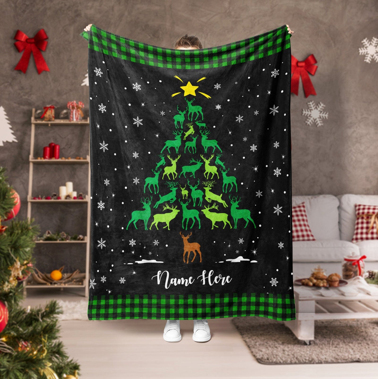 Blisscorners Personalized Christmas Deer Blanket, Hunting Blanket, Custom Name Soft Cozy Sherpa Fleece Throw Blankets, Xmas Gift for Hunter, Deer Lover

 LM1711