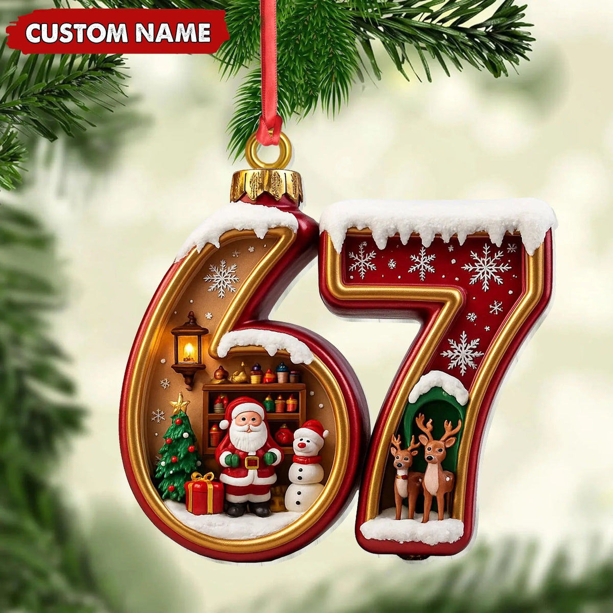 Blisscorners Personalized 67 Christmas Ornament, Custom Name Santa & Reindeer Number 67 Bauble, Holiday Tree Decoration