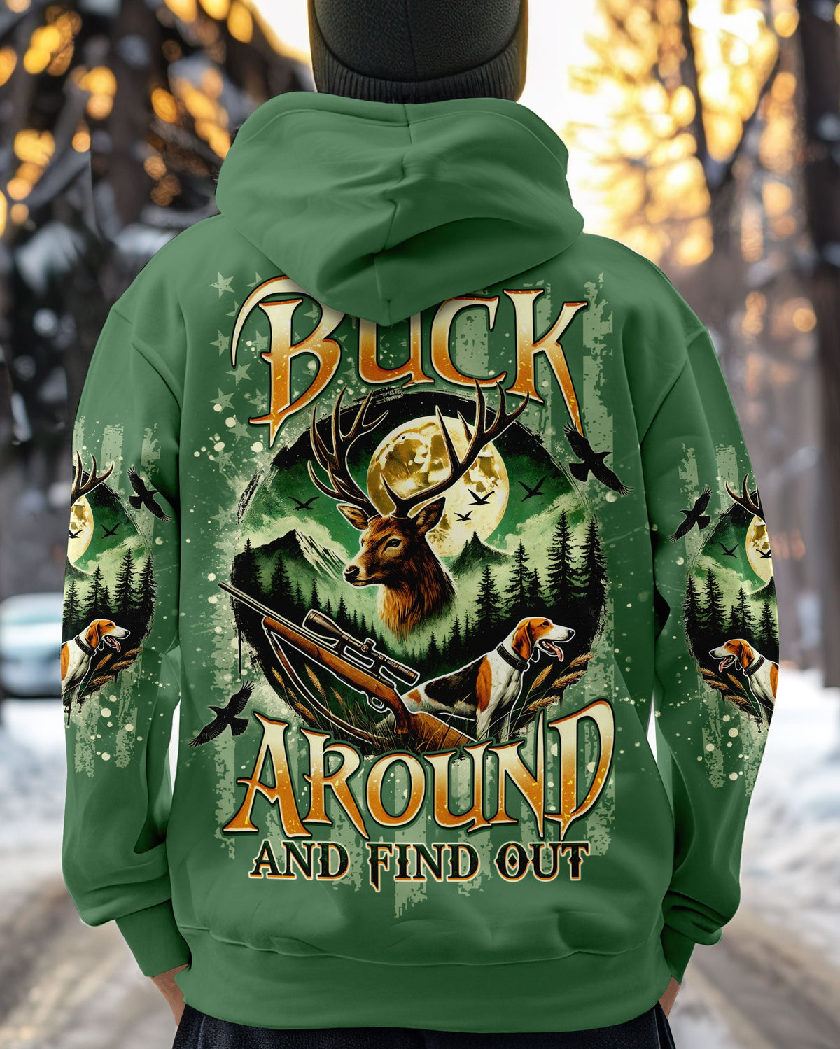 BLISSCORNERS BUCK AROUND AND FIND OUT DEER HUNTING FOXHOUND DOG ALL OVER PRINT