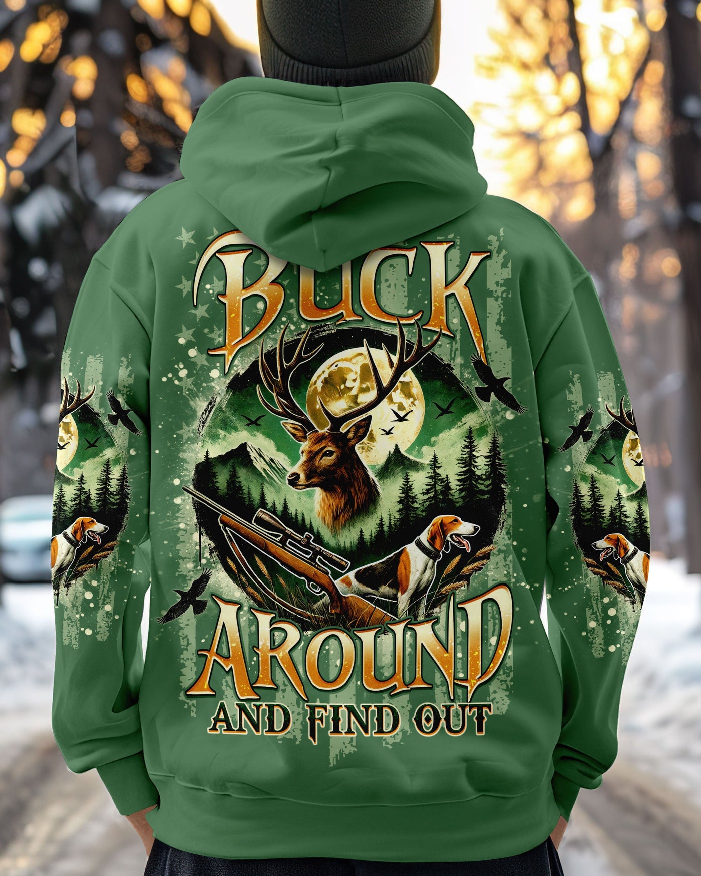 BLISSCORNERS BUCK AROUND AND FIND OUT DEER HUNTING FOXHOUND DOG ALL OVER PRINT