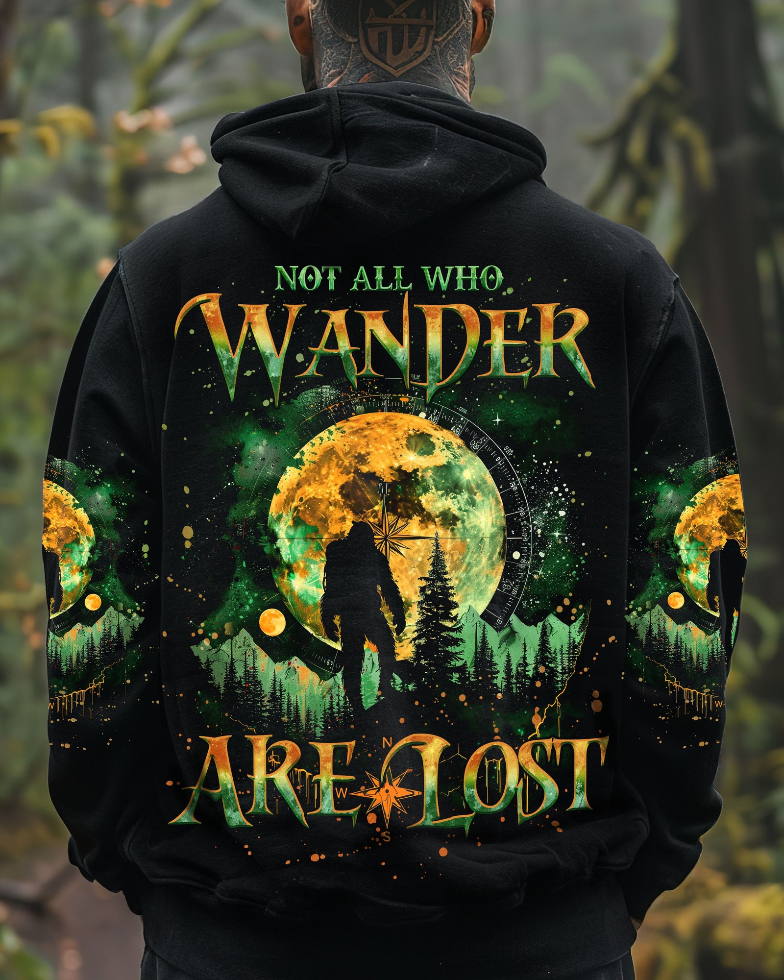 BLISSCORNERS NOT ALL WHO WANDER ARE LOST BIGFOOT COMPASS ALL OVER PRINT