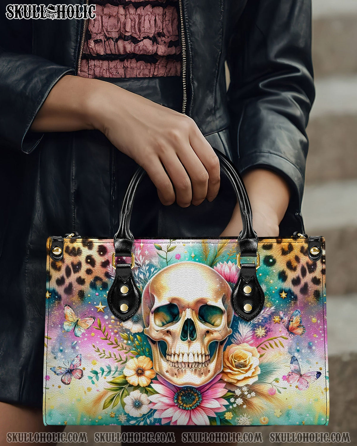 BLISSCORNERS SKULL FLOWERS LEATHER HANDBAG