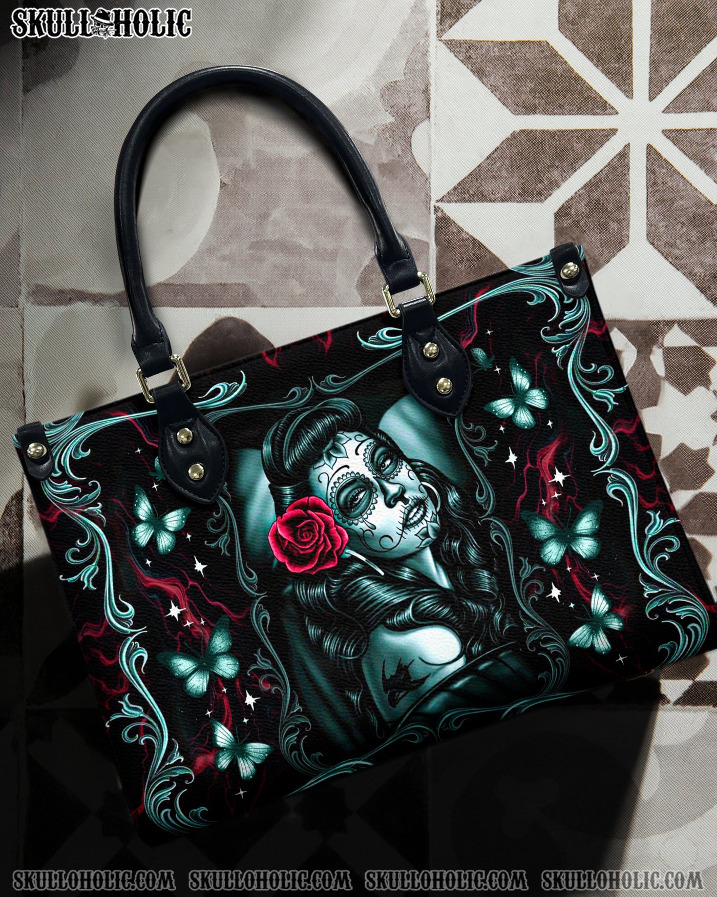 BLISSCORNERS SKULL LADY ROSE LEATHER HANDBAG