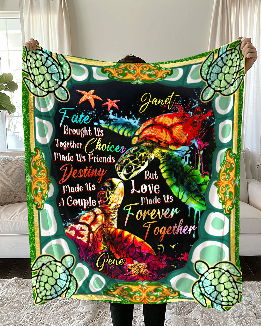 BLISSCORNERS PERSONALIZED LOVE MADE US FOREVER TOGETHER COUPLE TURTLE FLEECE BLANKET