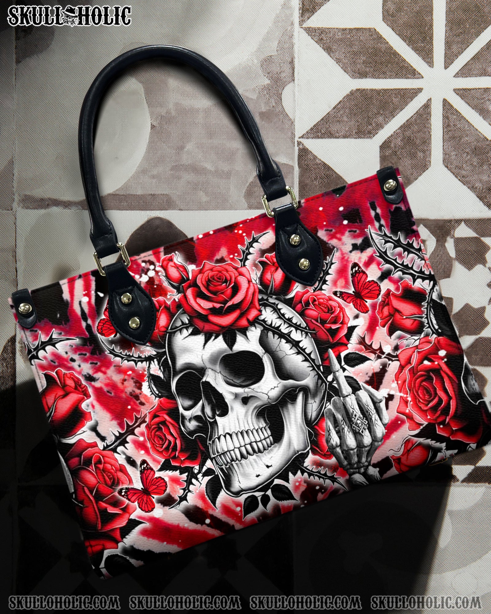 BLISSCORNERS SKULL ROSES TIE DYE LEATHER HANDBAG