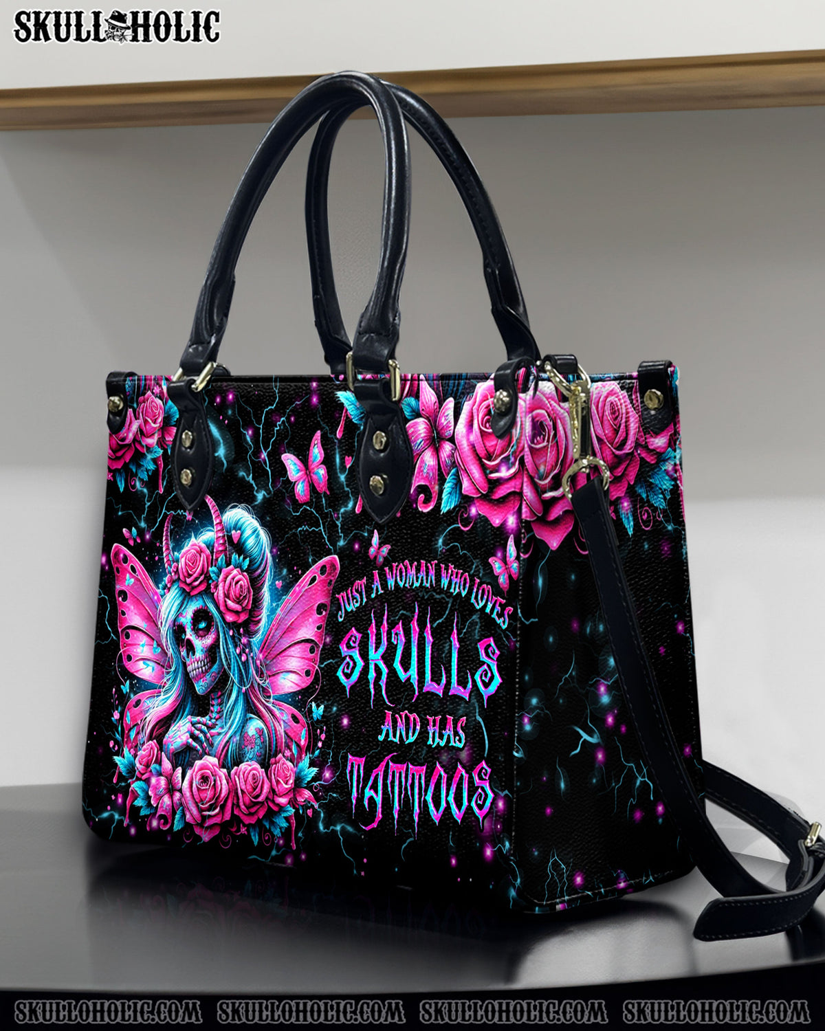 BLISSCORNERS JUST A WOMAN WHO LOVES SKULLS AND HAS TATTOOS LEATHER HANDBAG