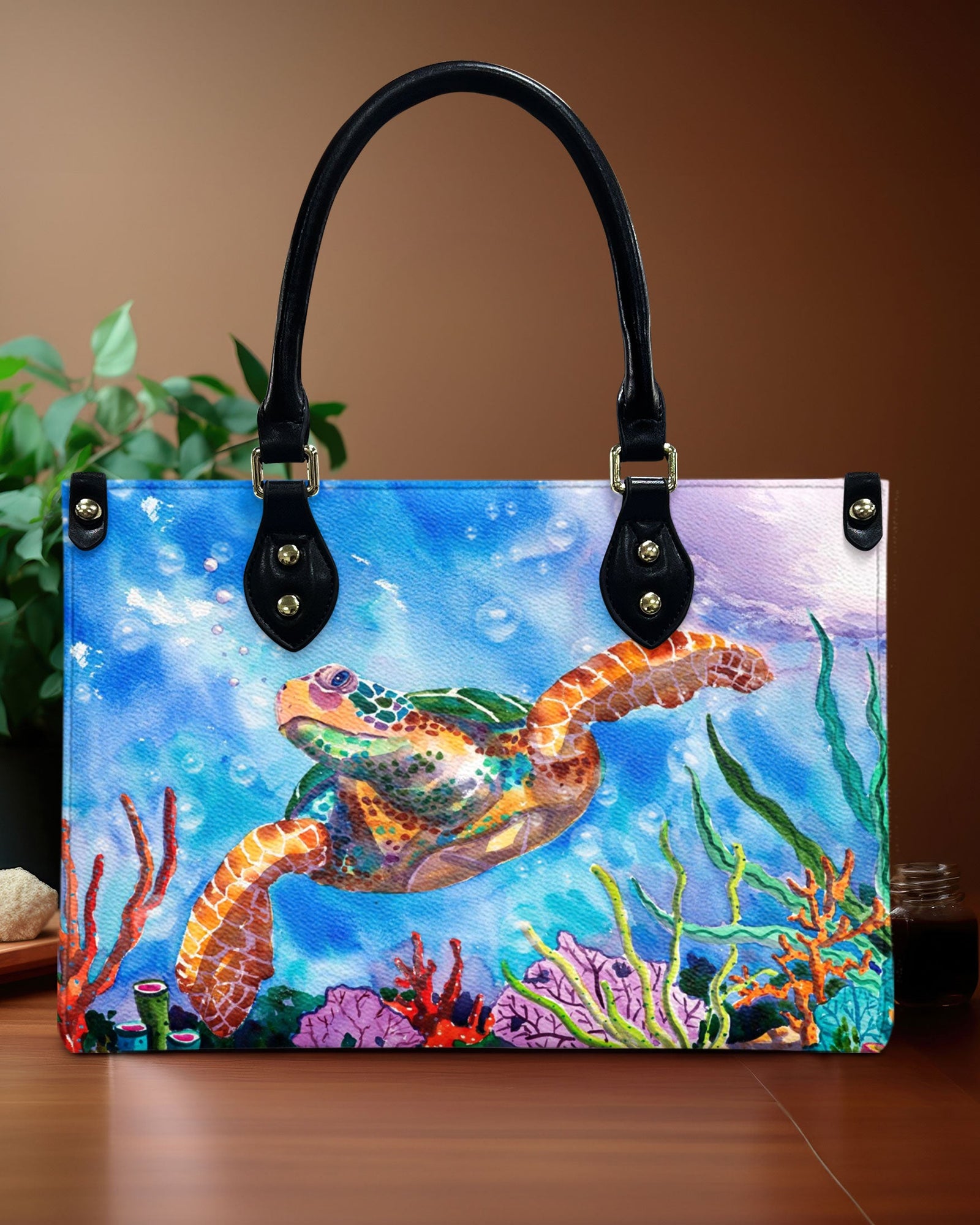 BLISSCORNERS PAINTING SEA TURTLE LEATHER HANDBAG