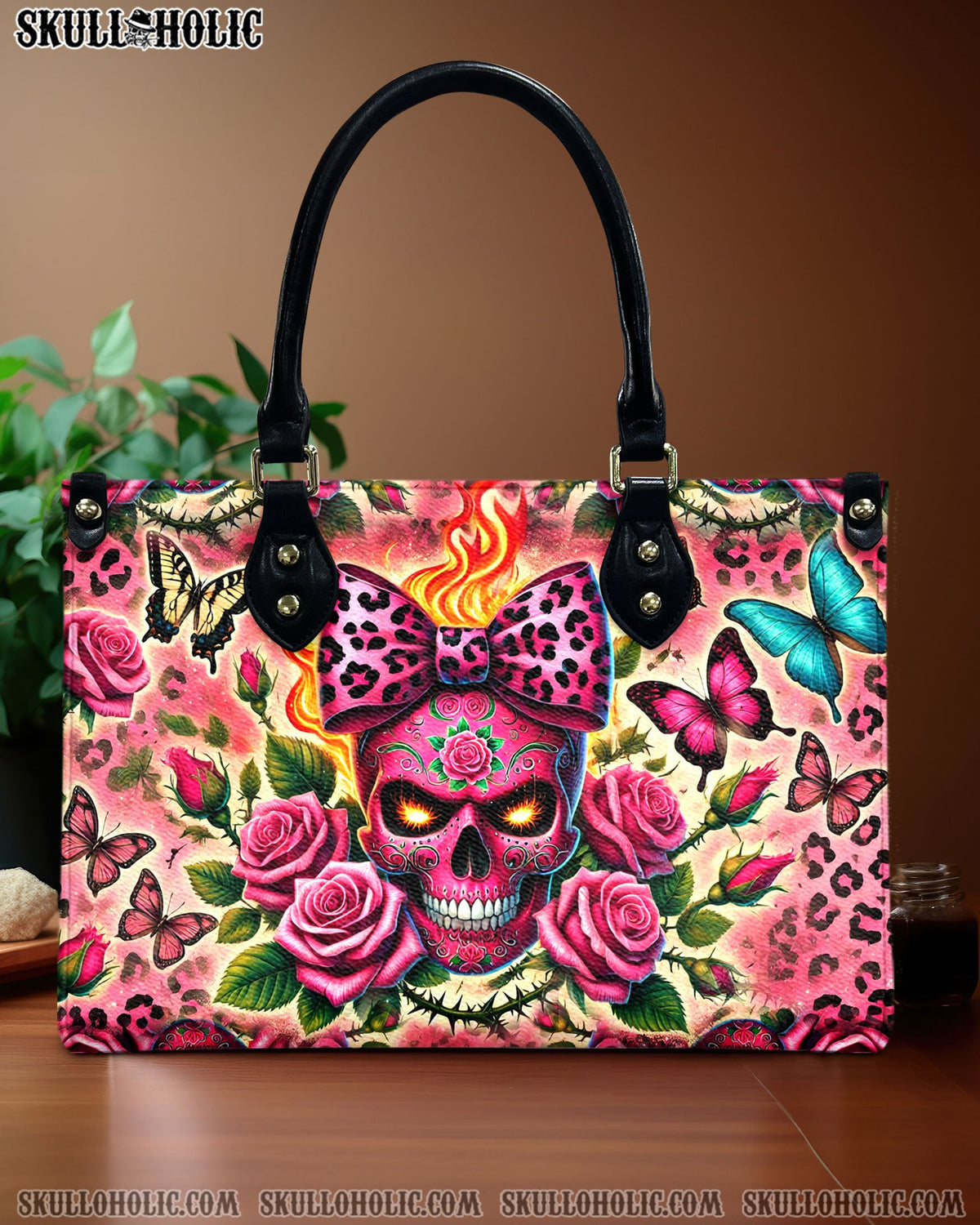 BLISSCORNERS SUGAR SKULL ROSE LEOPARD LEATHER HANDBAG