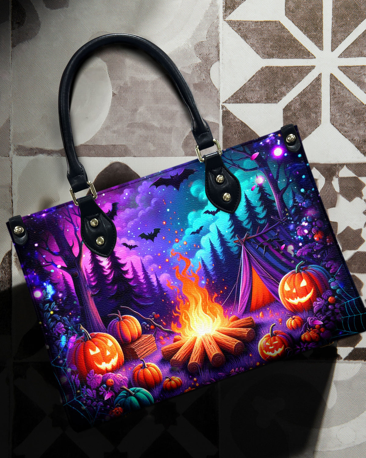 BLISSCORNERS GLOWING CAMPFIRE HALLOWEEN LEATHER HANDBAG