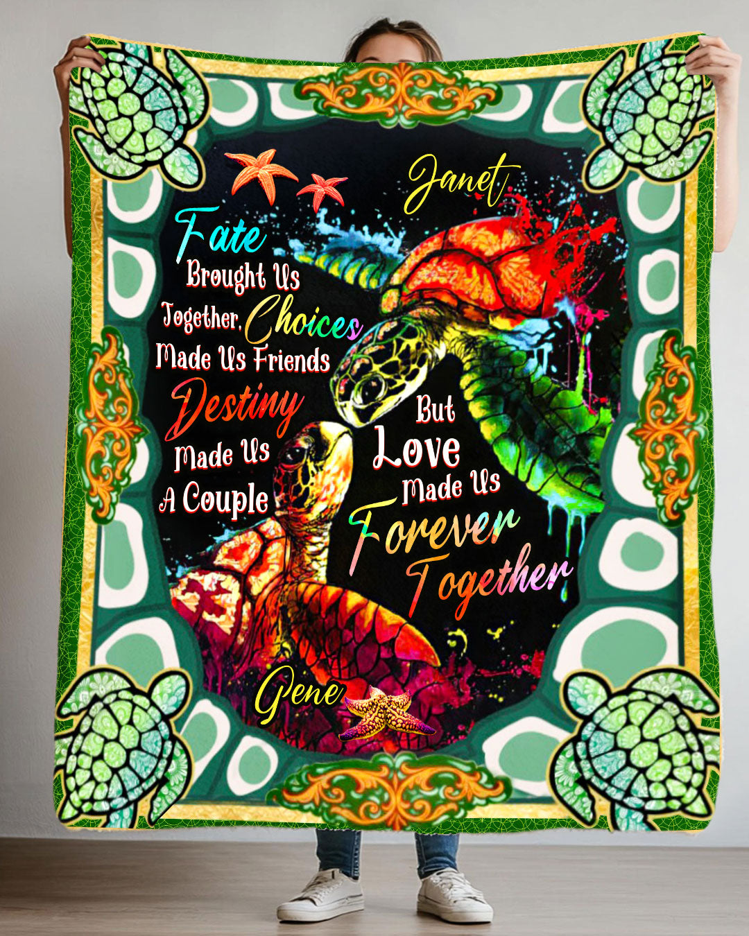 BLISSCORNERS PERSONALIZED LOVE MADE US FOREVER TOGETHER COUPLE TURTLE FLEECE BLANKET