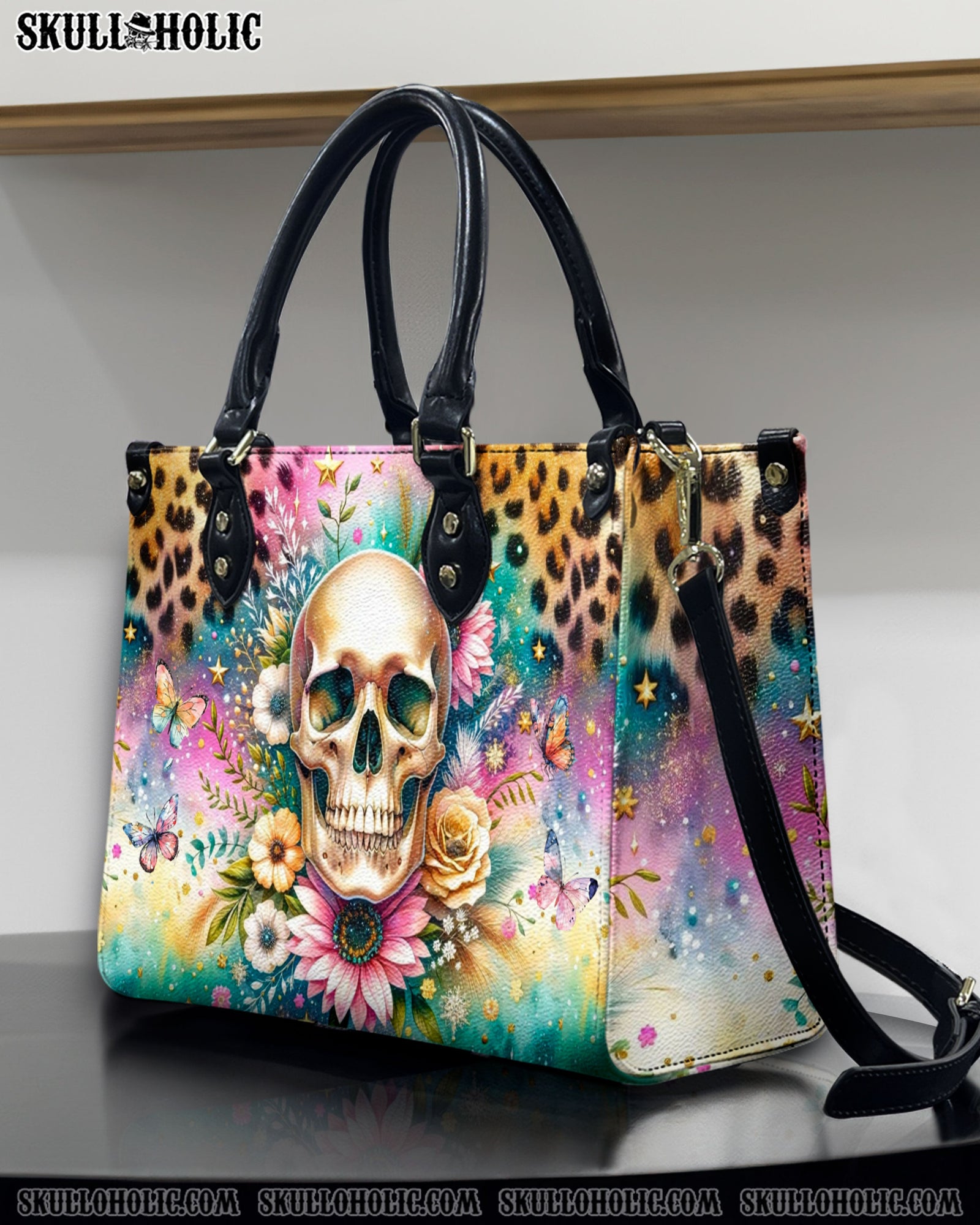 BLISSCORNERS SKULL FLOWERS LEATHER HANDBAG