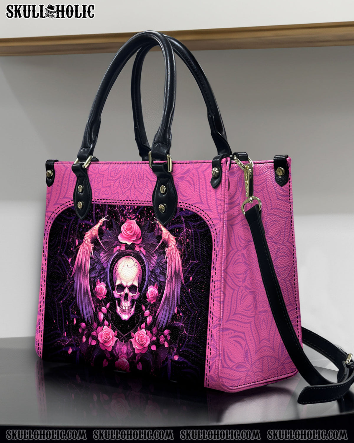 BLISSCORNERS PINK SKULL WINGS ROSE LEATHER HANDBAG