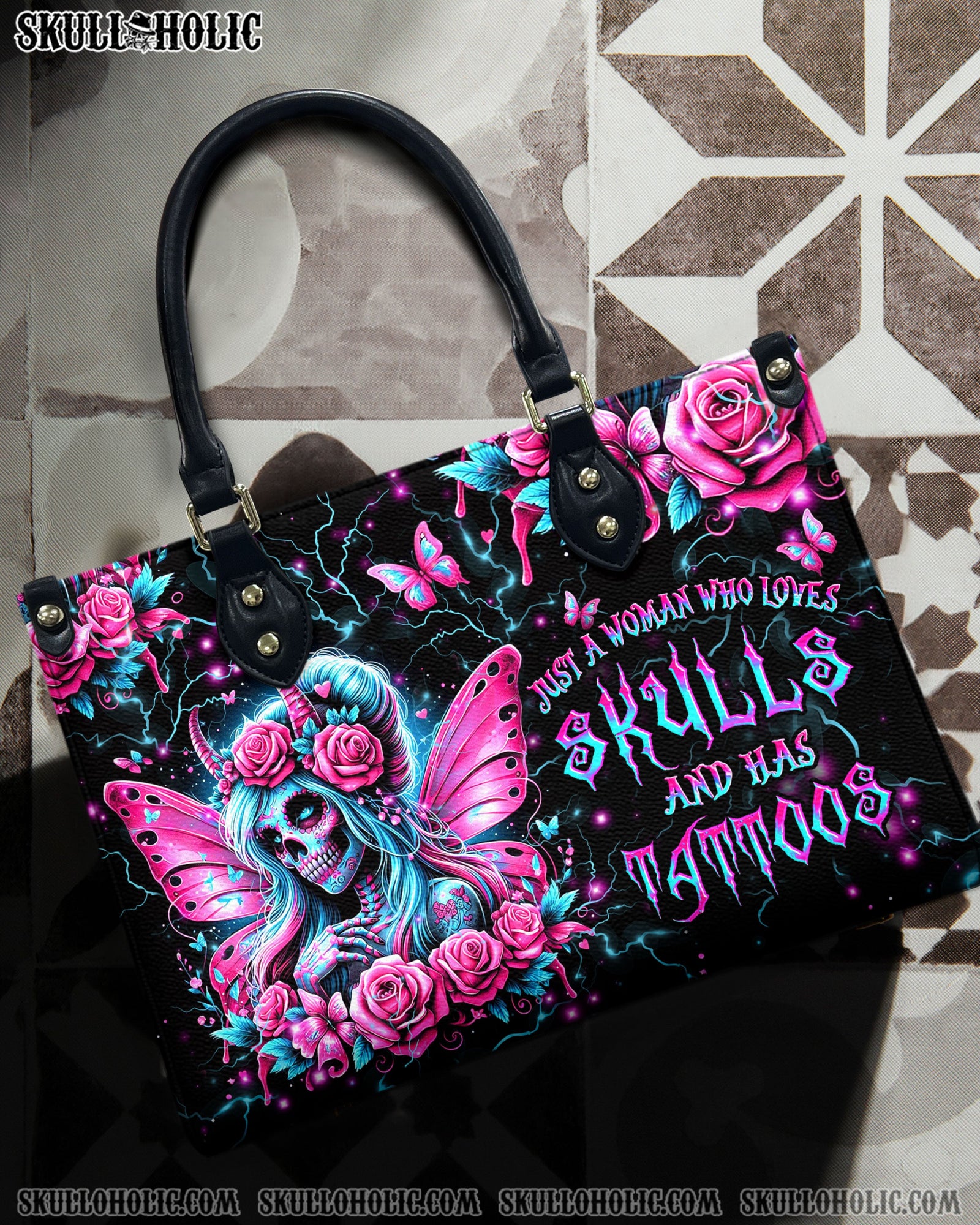 BLISSCORNERS JUST A WOMAN WHO LOVES SKULLS AND HAS TATTOOS LEATHER HANDBAG